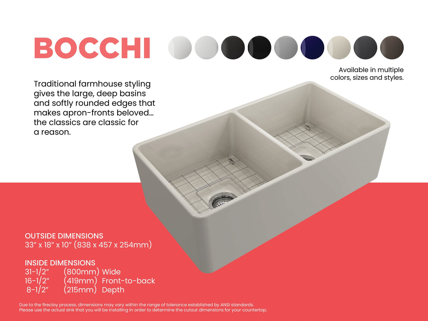 BOCCHI Classico 33" Fireclay Farmhouse Apron 50/50 Double Bowl Kitchen Sink with traditional styling and large basins.
