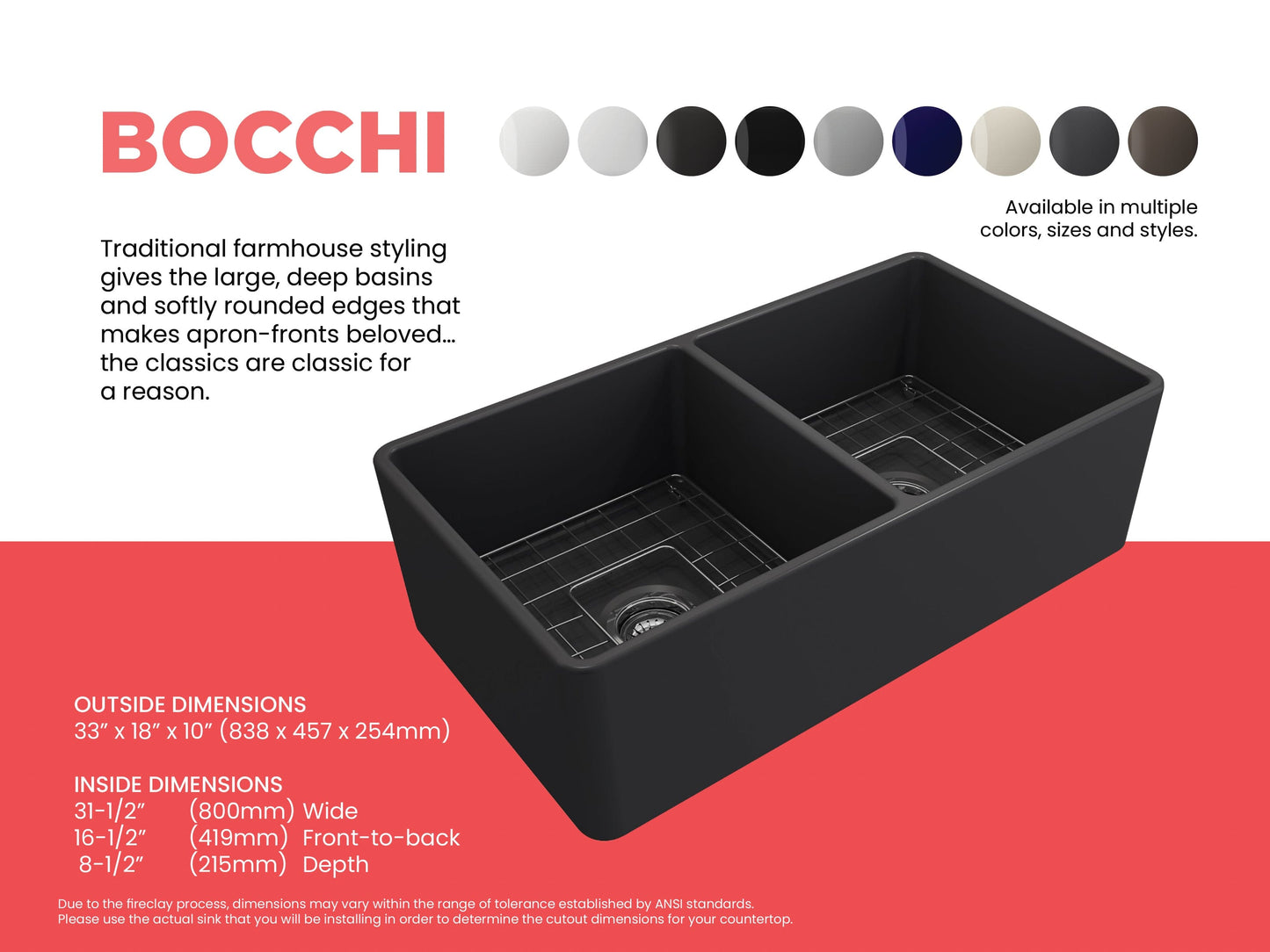 BOCCHI Classico 33" Fireclay Farmhouse Apron 50/50 Double Bowl Kitchen Sink dimensions and design details