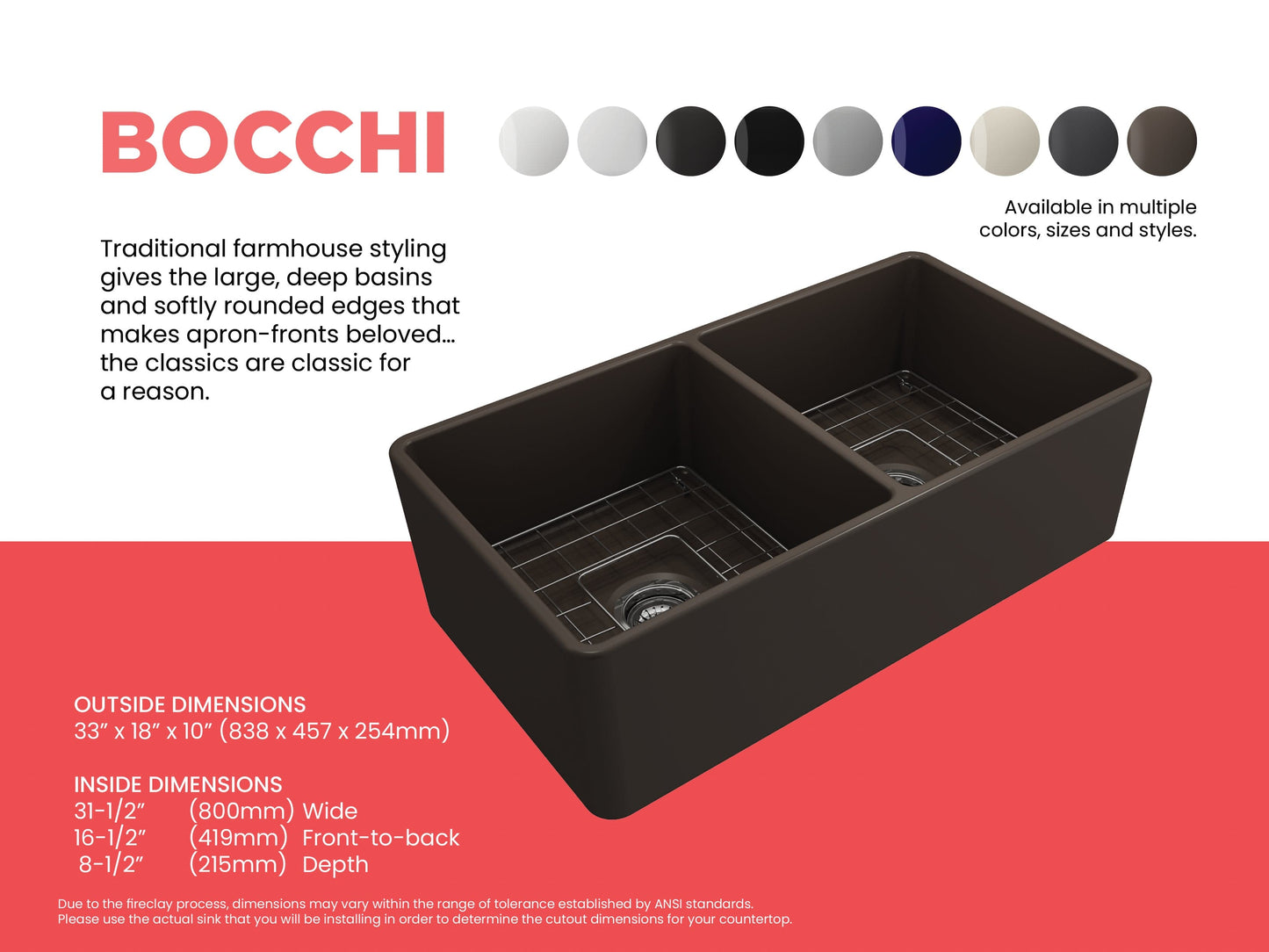 BOCCHI Classico 33" Fireclay Farmhouse Apron 50/50 Double Bowl Kitchen Sink with dimensions and color options.