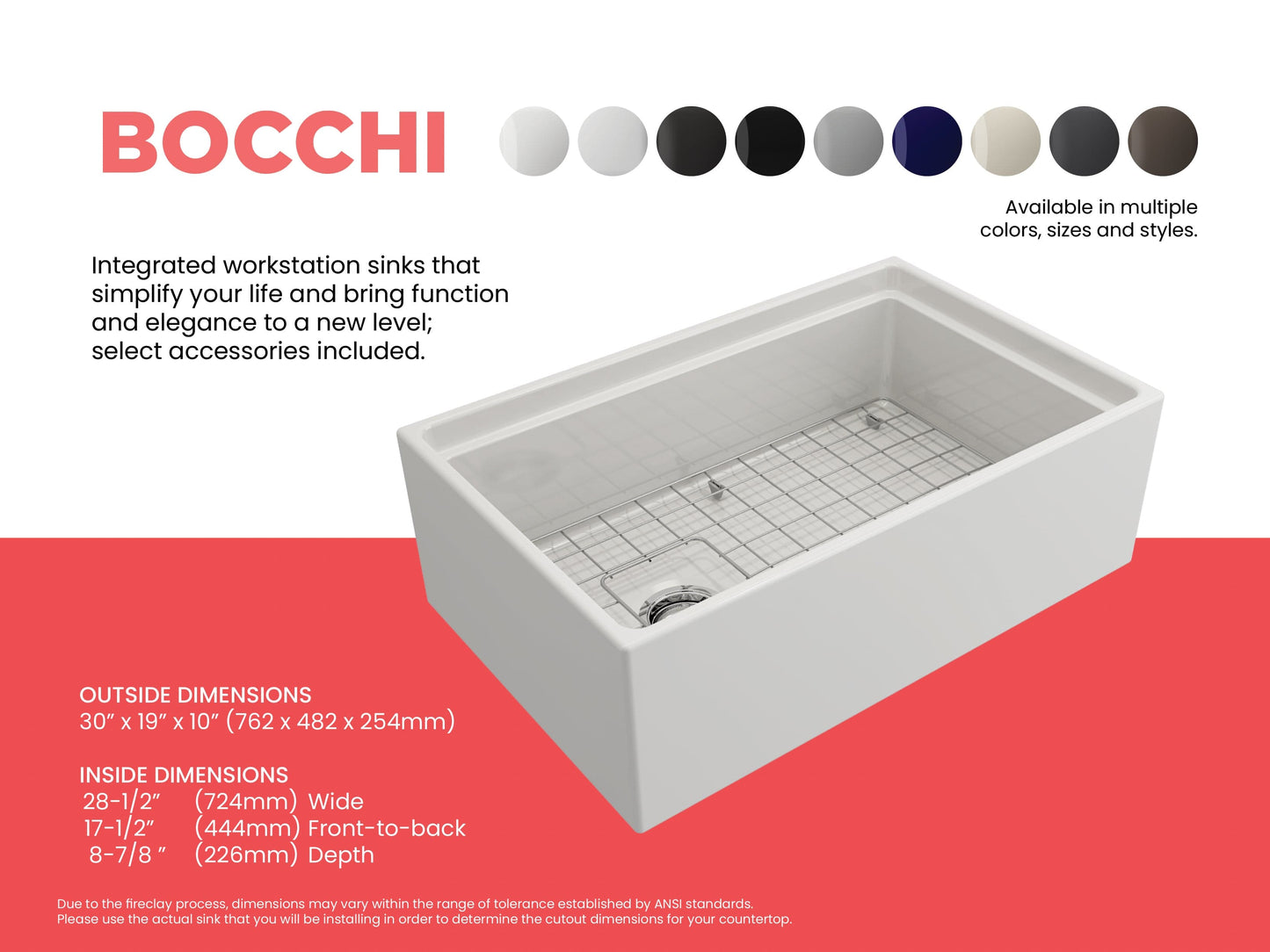 Color comparison sheet for white BOCCHI CONTEMPO 30" Fireclay Farmhouse sink with workstation ledge and accessories