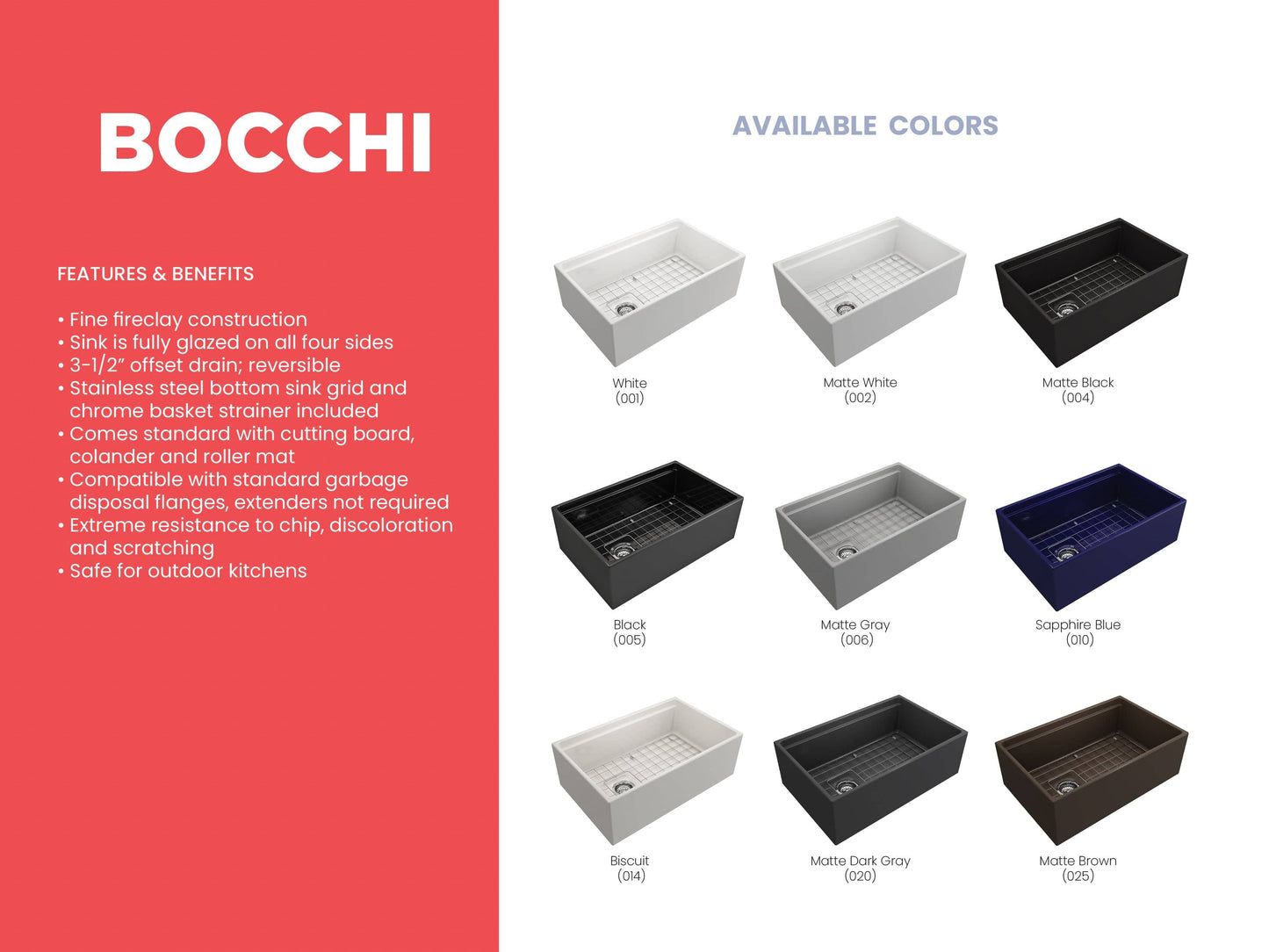 Information sheet showing available colors for BOCCHI Comtempo 30" fireclay farmhouse sink with workstation ledge and accessories