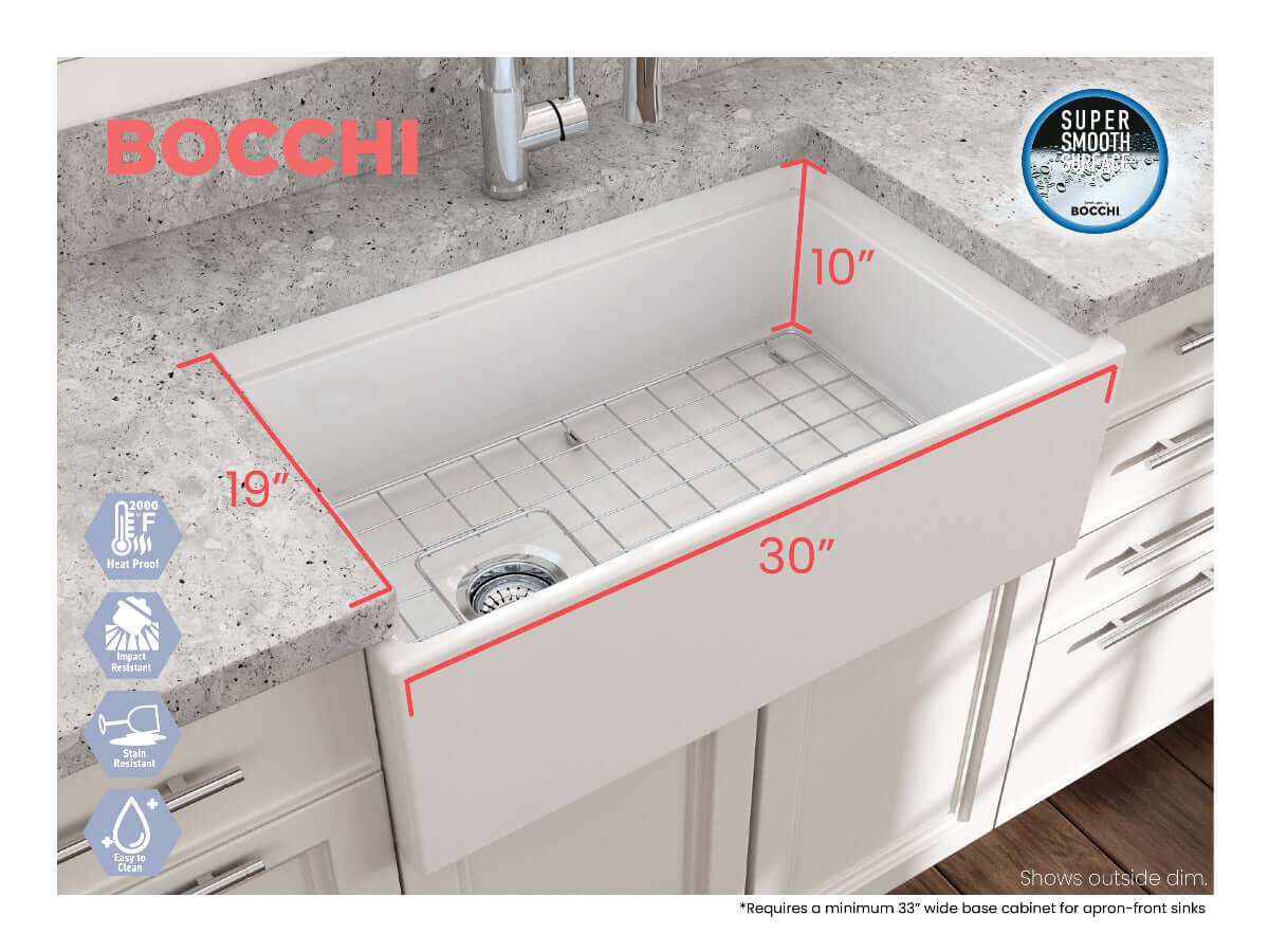 Lifestyle image with dimensions of white BOCCHI CONTEMPO 30" Fireclay Farmhouse sink with workstation ledge.