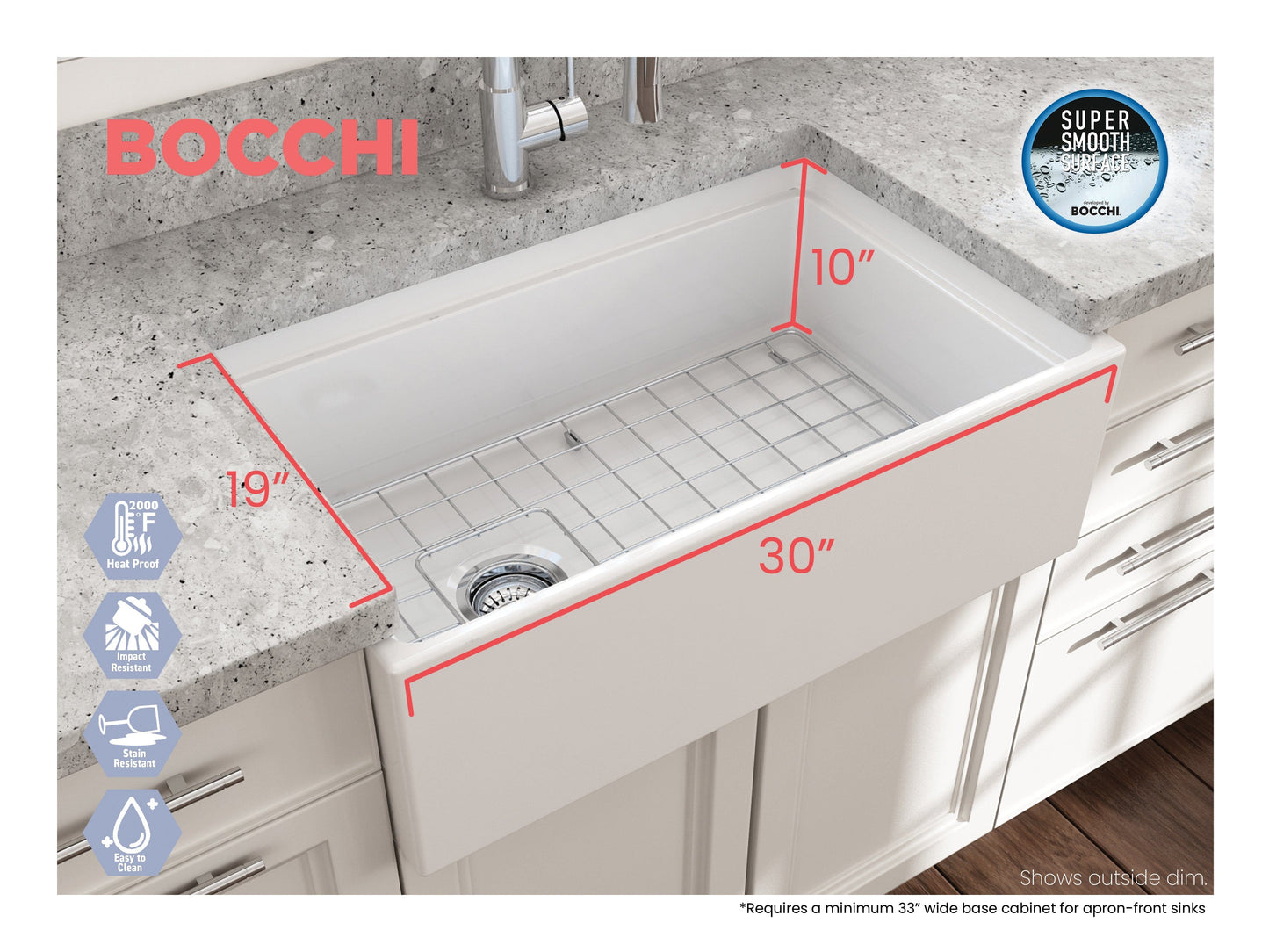 BOCCHI CONTEMPO 30" Fireclay Farmhouse Step Rim With Integrated Work Station Single Bowl Kitchen Sink With Accessories - White