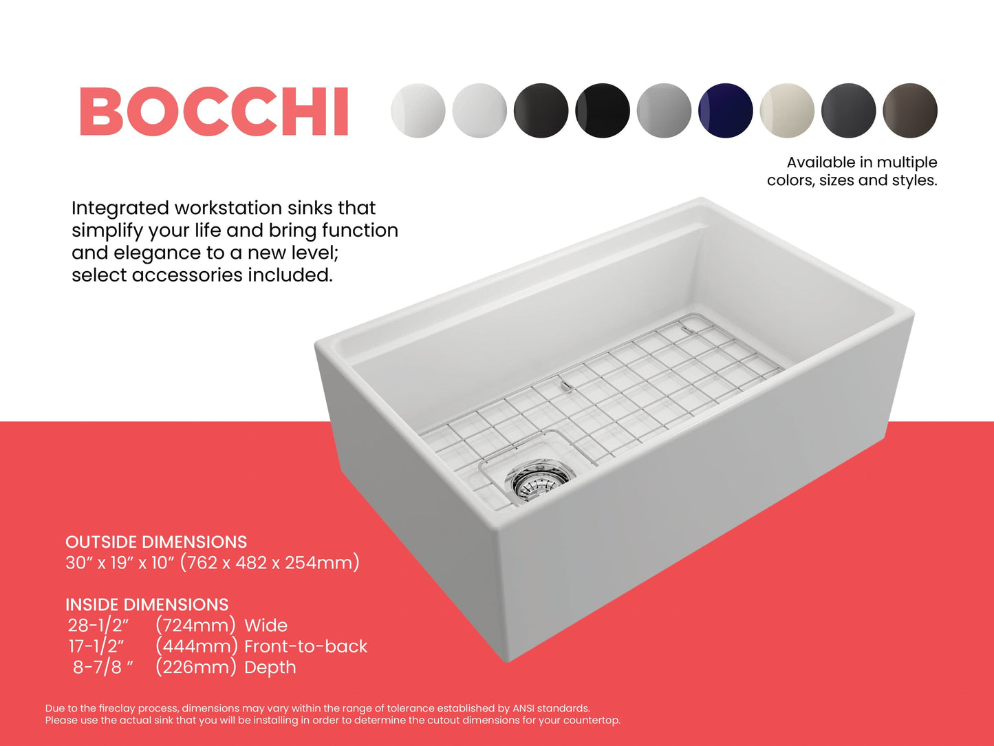 BOCCHI CONTEMPO 30" Fireclay Farmhouse Step Rim With Integrated Work Station Single Bowl Kitchen Sink With Accessories - Matte White