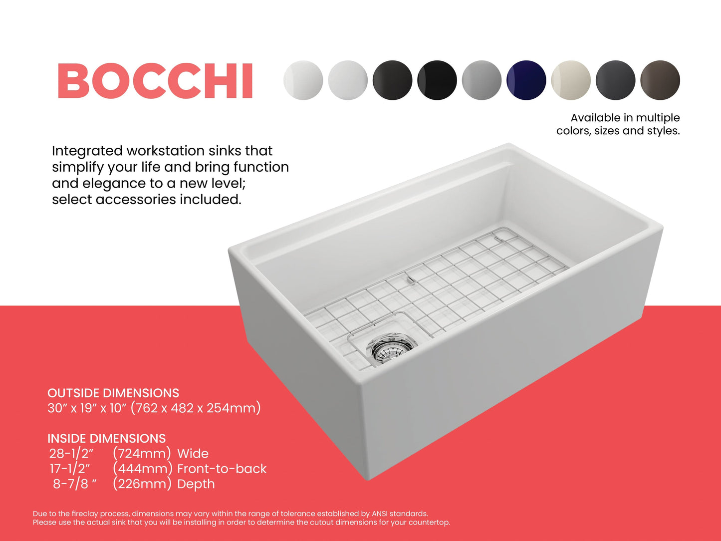 Color comparison sheet for matte white BOCCHI CONTEMPO 30" Fireclay Farmhouse sink with workstation ledge and accessories