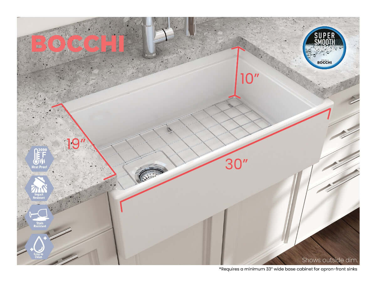 Lifestyle image with dimensions of matte white BOCCHI CONTEMPO 30" Fireclay Farmhouse sink with workstation ledge.