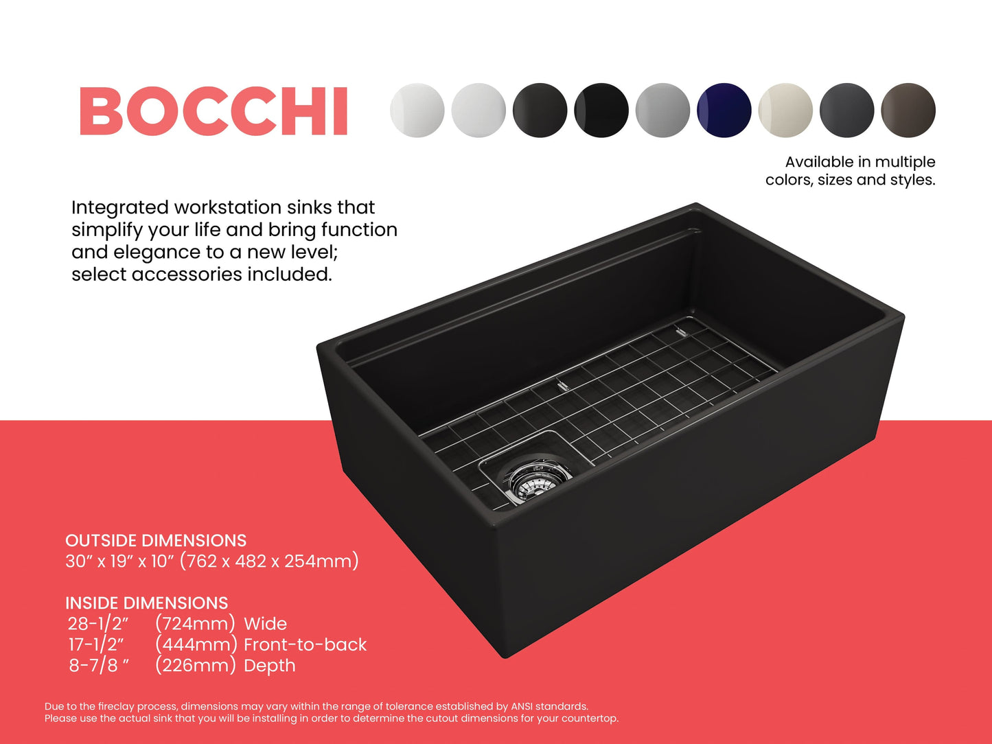Color comparison sheet for matte black BOCCHI CONTEMPO 30" Fireclay Farmhouse sink with workstation ledge and accessories