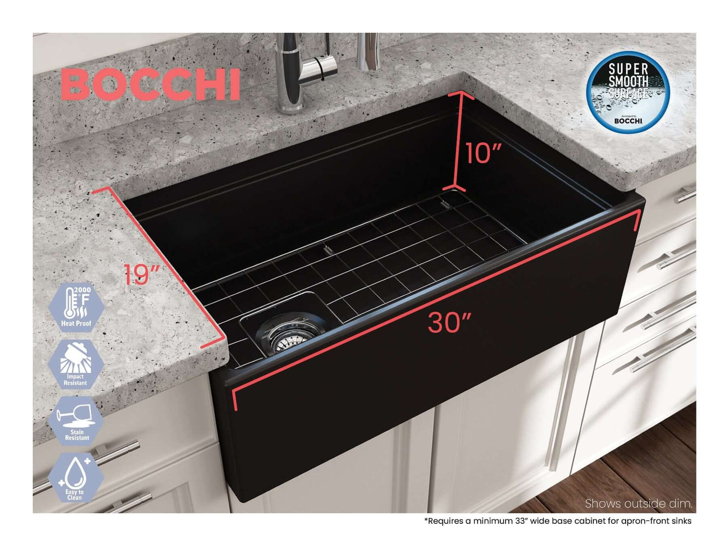 Lifestyle image with dimensions of matte black BOCCHI CONTEMPO 30" Fireclay Farmhouse sink with workstation ledge.