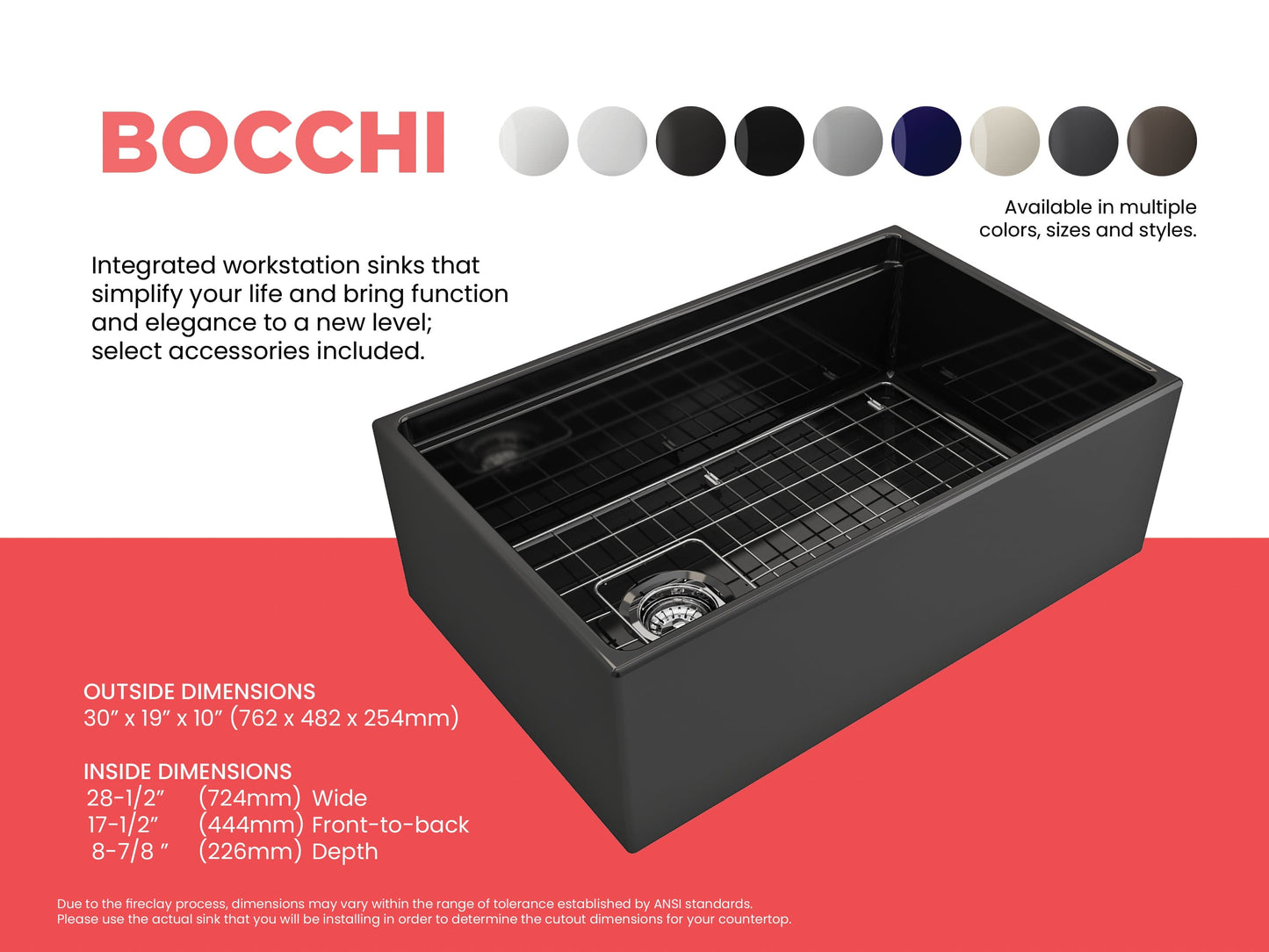 Color comparison sheet for black BOCCHI CONTEMPO 30" Fireclay Farmhouse sink with workstation ledge and accessories