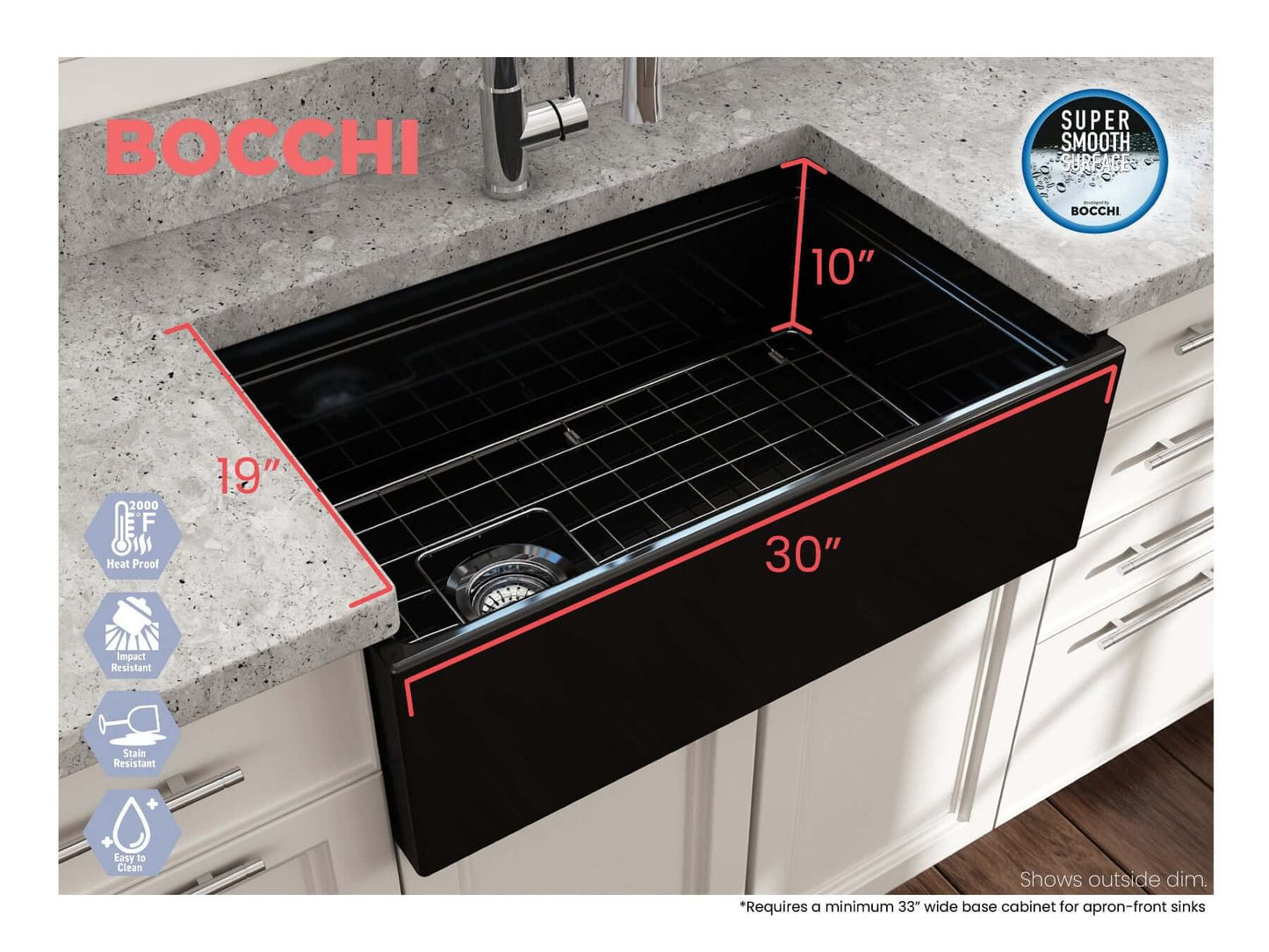Lifestyle image with dimensions of black BOCCHI CONTEMPO 30" Fireclay Farmhouse sink with workstation ledge.