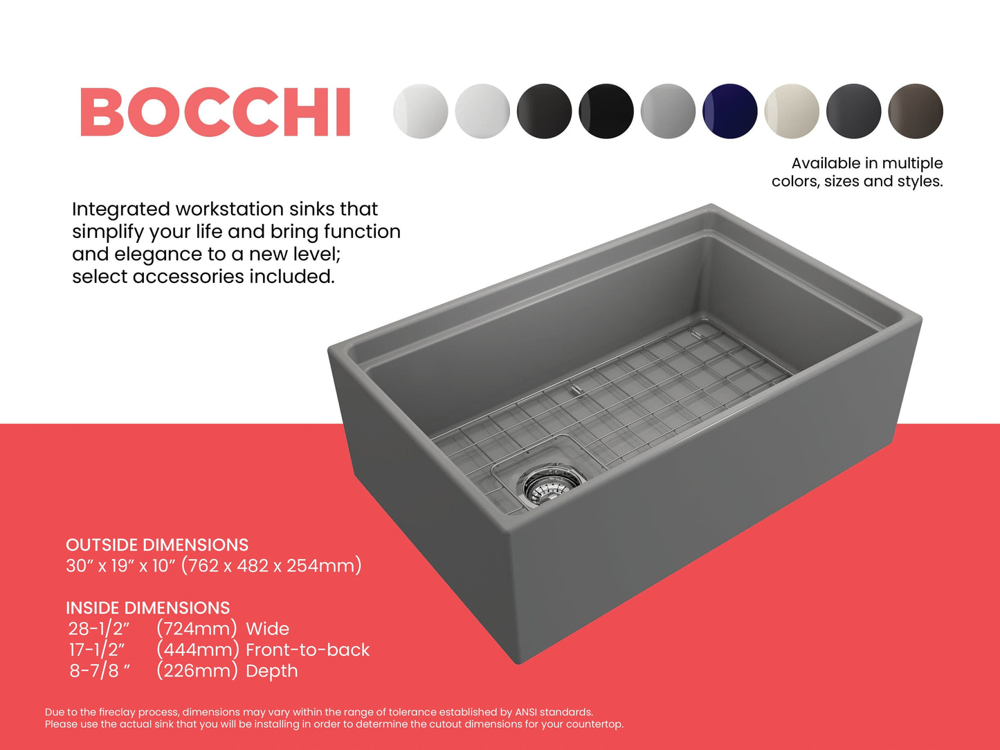 Color comparison sheet for matte gray BOCCHI CONTEMPO 30" Fireclay Farmhouse sink with workstation ledge and accessories