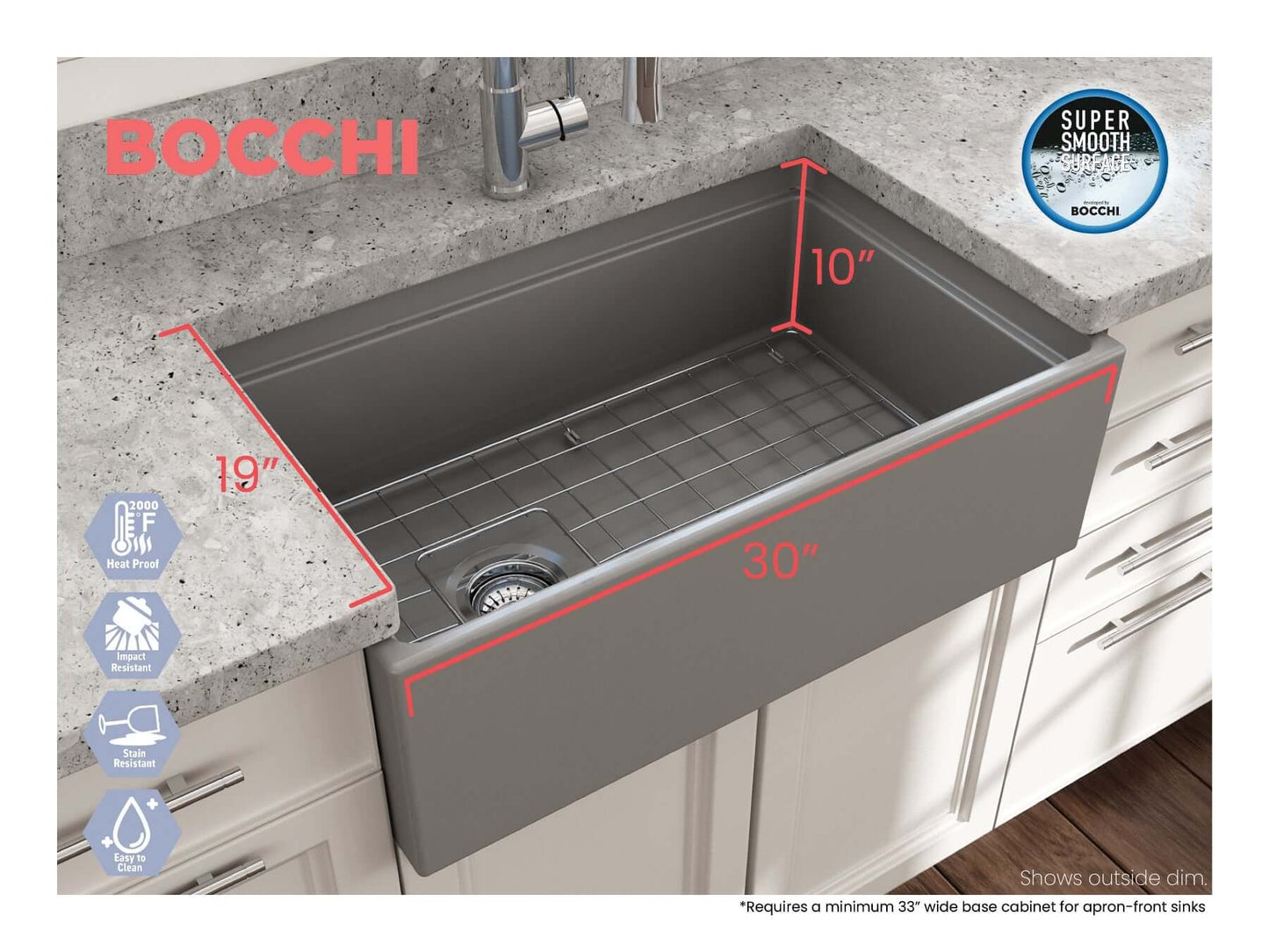 Lifestyle image with dimensions of matte gray  BOCCHI CONTEMPO 30" Fireclay Farmhouse sink with workstation ledge.