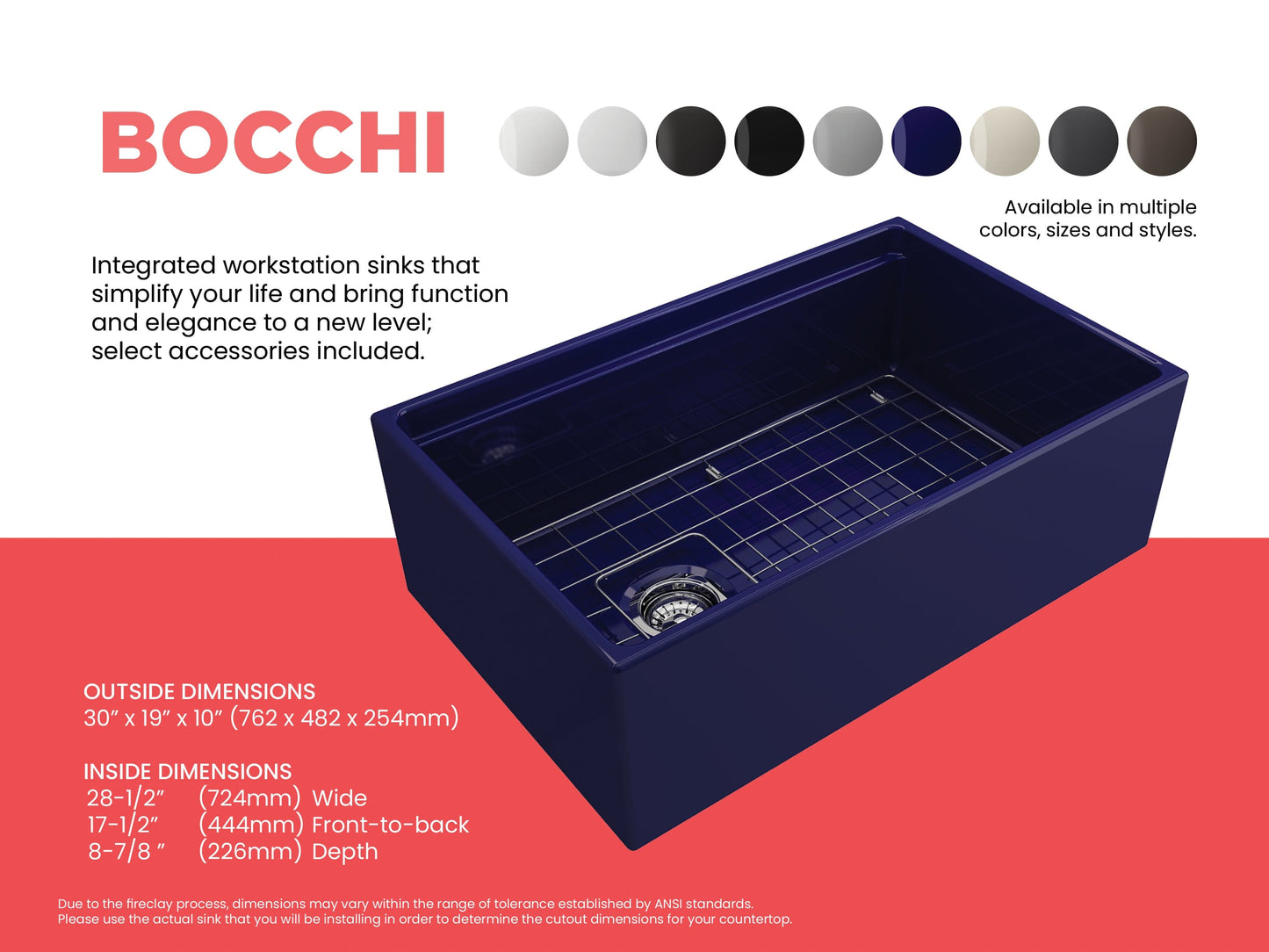Color comparison sheet for sapphire blue BOCCHI CONTEMPO 30" Fireclay Farmhouse sink with workstation ledge and accessories