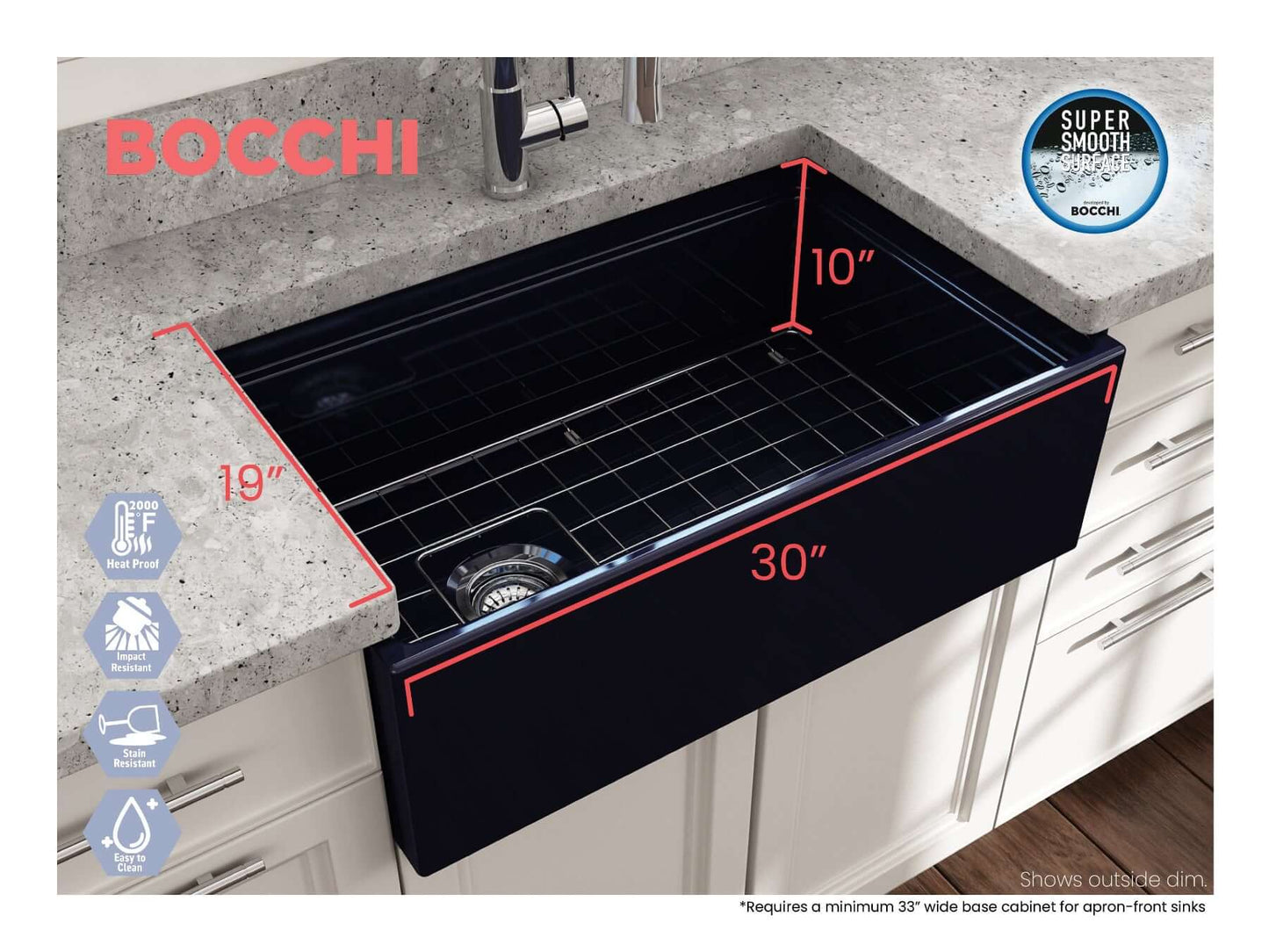Lifestyle image with dimensions of sapphire blue BOCCHI CONTEMPO 30" Fireclay Farmhouse sink with workstation ledge.