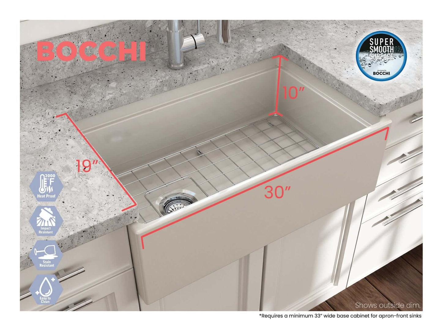 Lifestyle image with dimensions of biscuit BOCCHI CONTEMPO 30" Fireclay Farmhouse sink with workstation ledge.