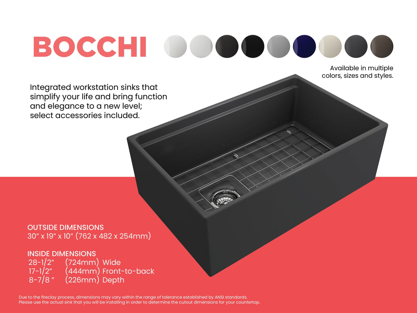 Color comparison sheet for matte dark gray BOCCHI CONTEMPO 30" Fireclay Farmhouse sink with workstation ledge and accessories