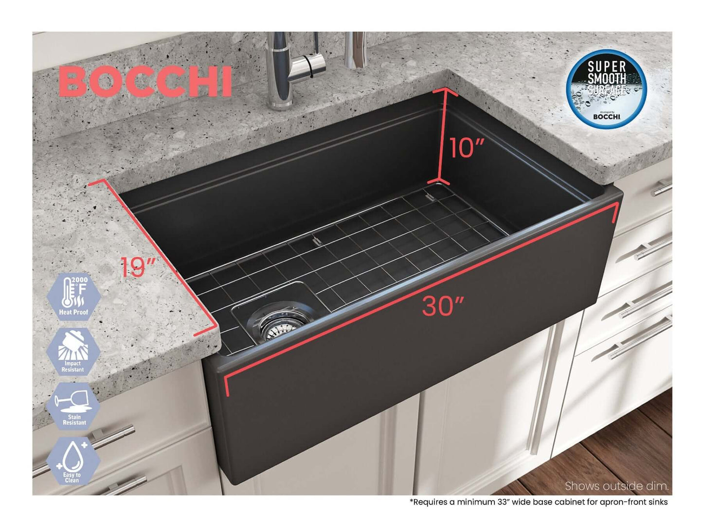 Lifestyle image with dimensions of matte dark gray BOCCHI CONTEMPO 30" Fireclay Farmhouse sink with workstation ledge.