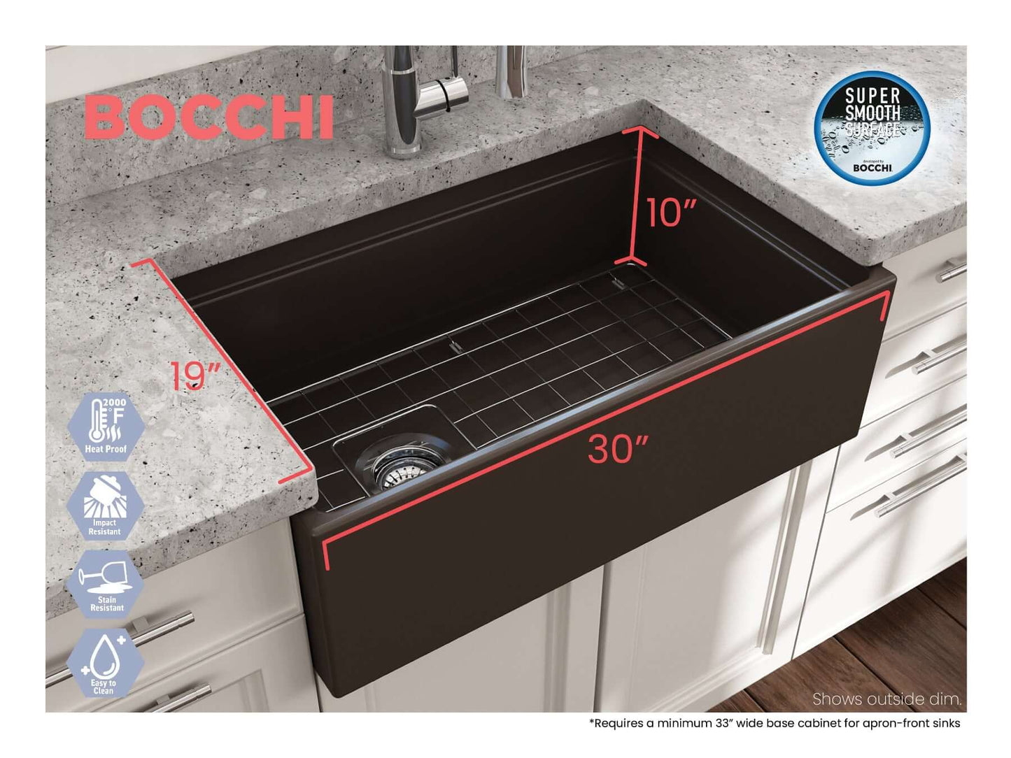 Lifestyle image with dimensions of matte brown BOCCHI CONTEMPO 30" Fireclay Farmhouse sink with workstation ledge.