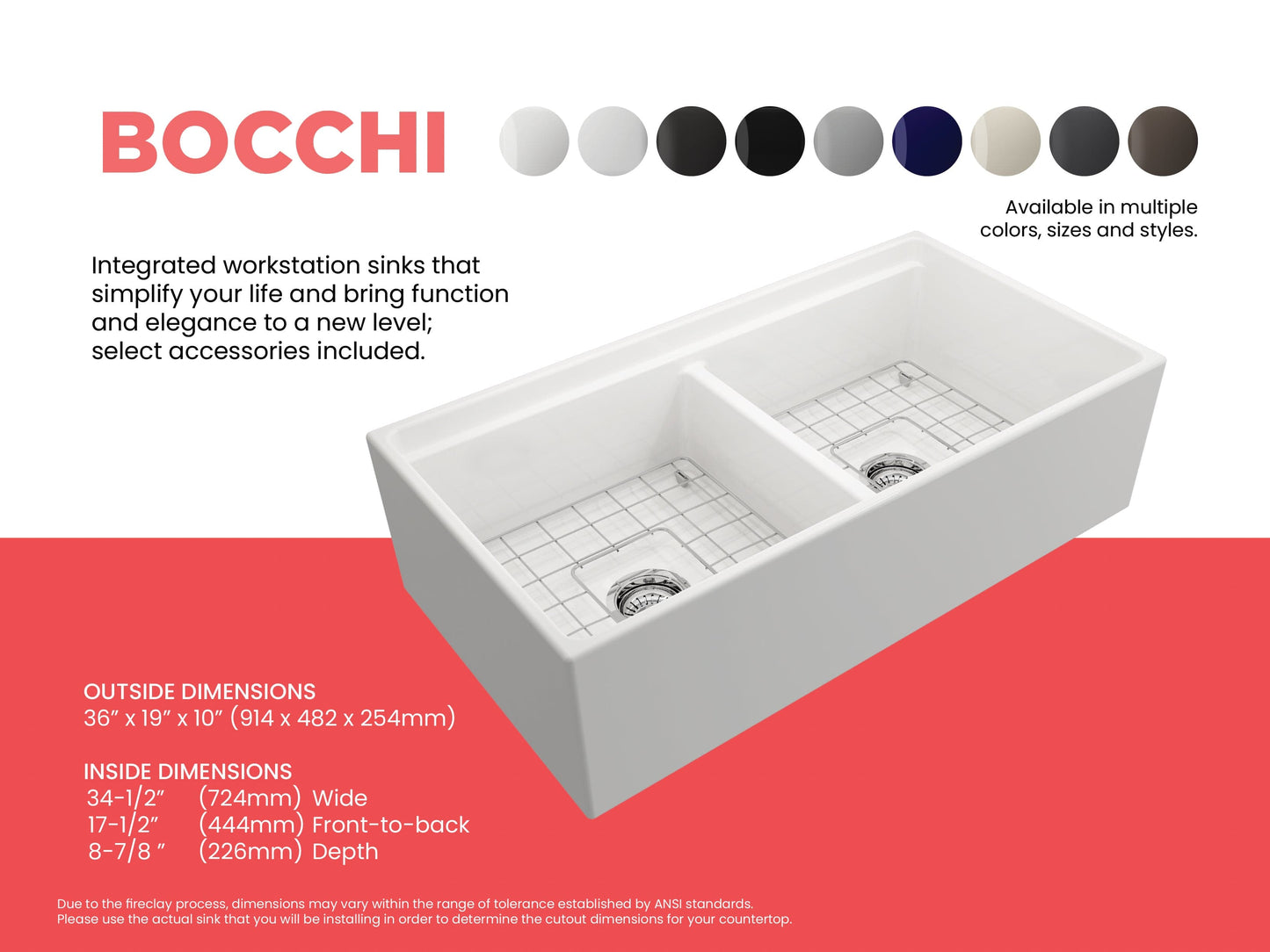 BOCCHI CONTEMPO 36" Step Rim Fireclay Farmhouse Double Bowl Kitchen Sink with Protective Bottom Grid and Strainer top view with grid.