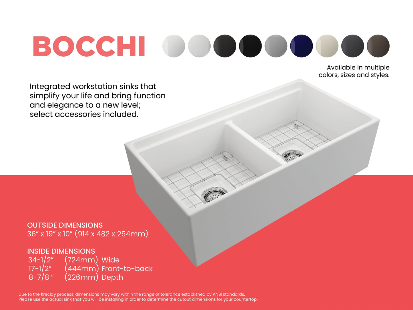 BOCCHI CONTEMPO 36" Step Rim Fireclay Farmhouse Double Bowl Kitchen Sink with Protective Bottom Grid and Strainer, right side view.