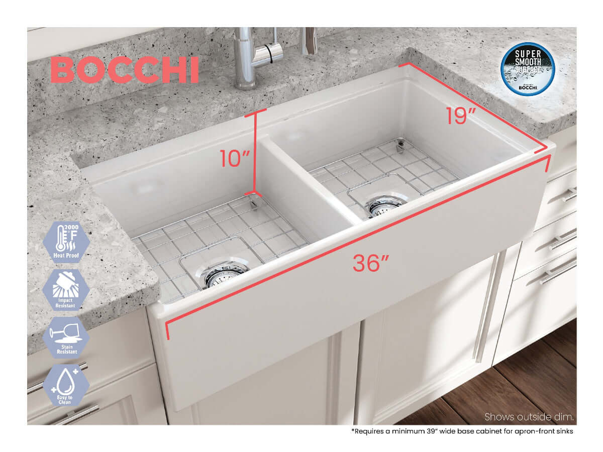 BOCCHI CONTEMPO 36" Step Rim Fireclay Farmhouse Double Bowl Kitchen Sink with Protective Bottom Grid and Strainer, top view with dimensions marked.