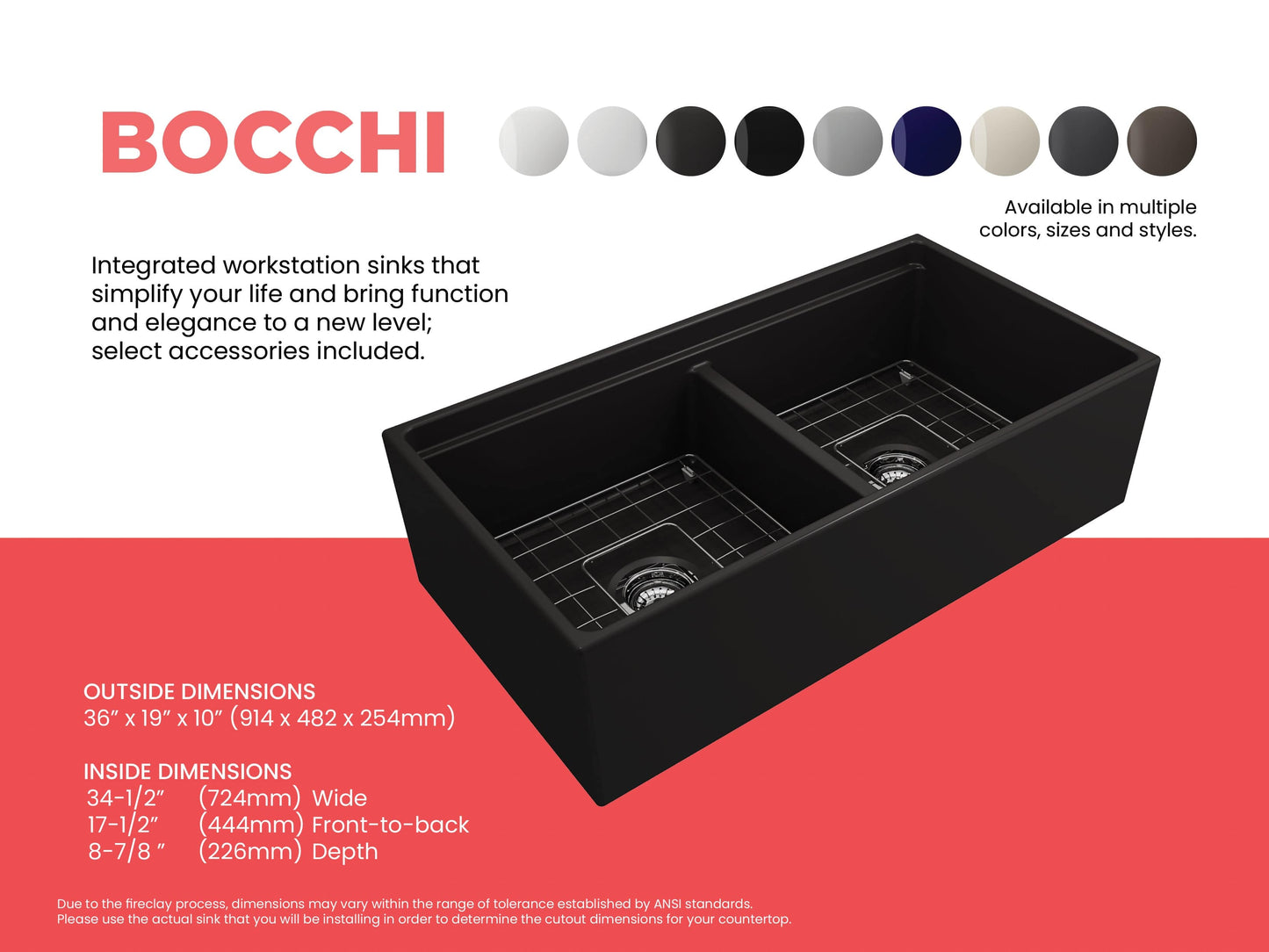 BOCCHI CONTEMPO 36" Step Rim Fireclay Farmhouse Double Bowl Kitchen Sink with Protective Bottom Grid and Strainer in black finish.