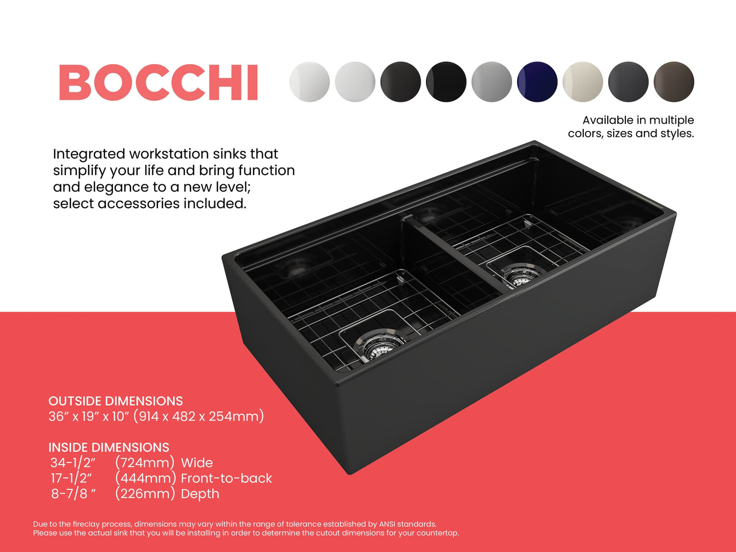 BOCCHI CONTEMPO 36" Step Rim Fireclay Farmhouse Double Bowl Kitchen Sink with Protective Bottom Grid and Strainer in black finish.