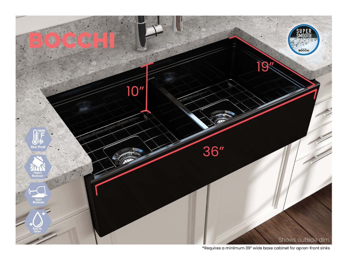 BOCCHI CONTEMPO 36" Step Rim Fireclay Farmhouse Double Bowl Kitchen Sink with Protective Bottom Grid and Strainer, top view, black finish.
