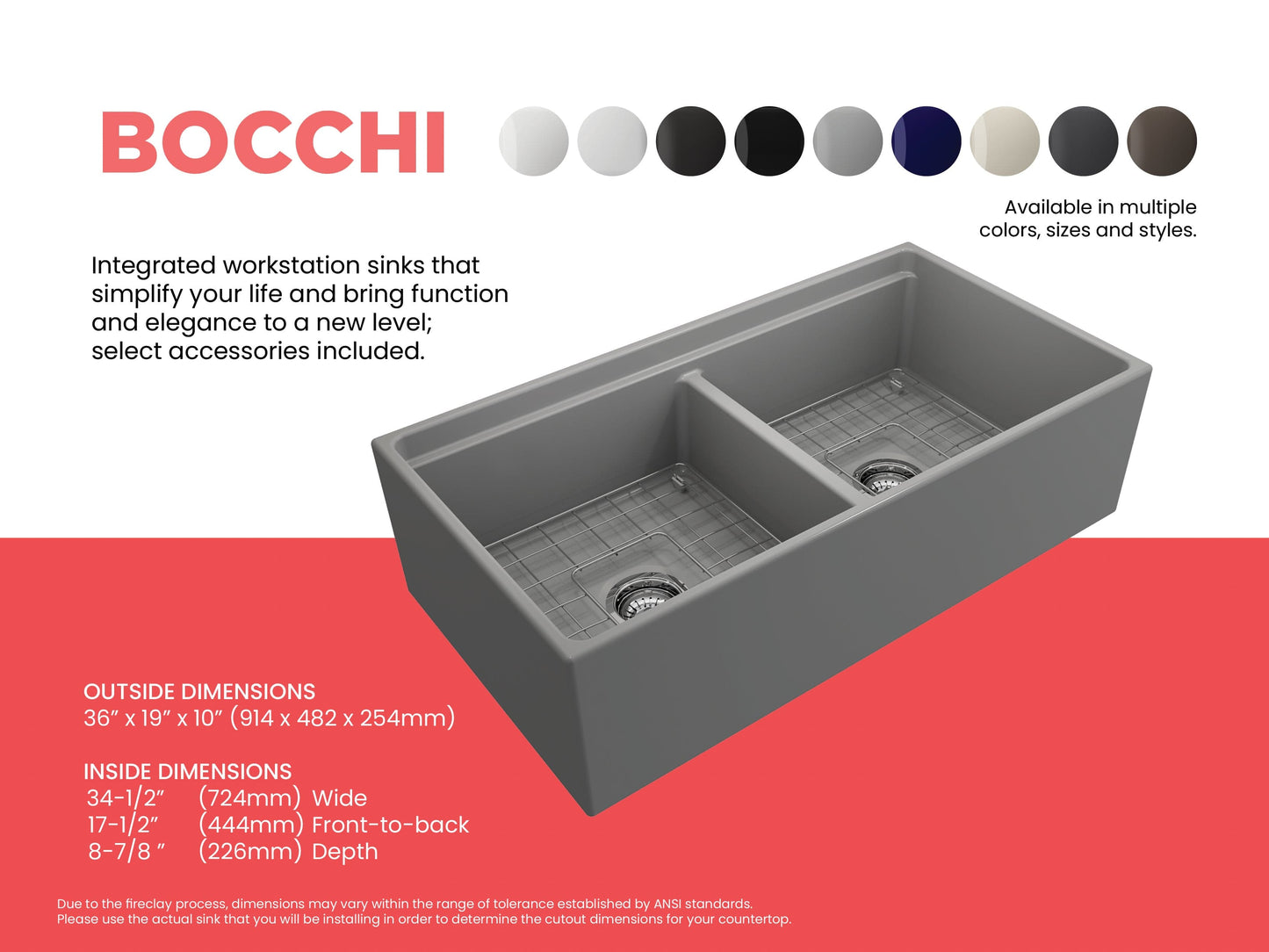 BOCCHI CONTEMPO 36" Step Rim Fireclay Farmhouse Double Bowl Kitchen Sink with Protective Bottom Grid and Strainer in gray finish.