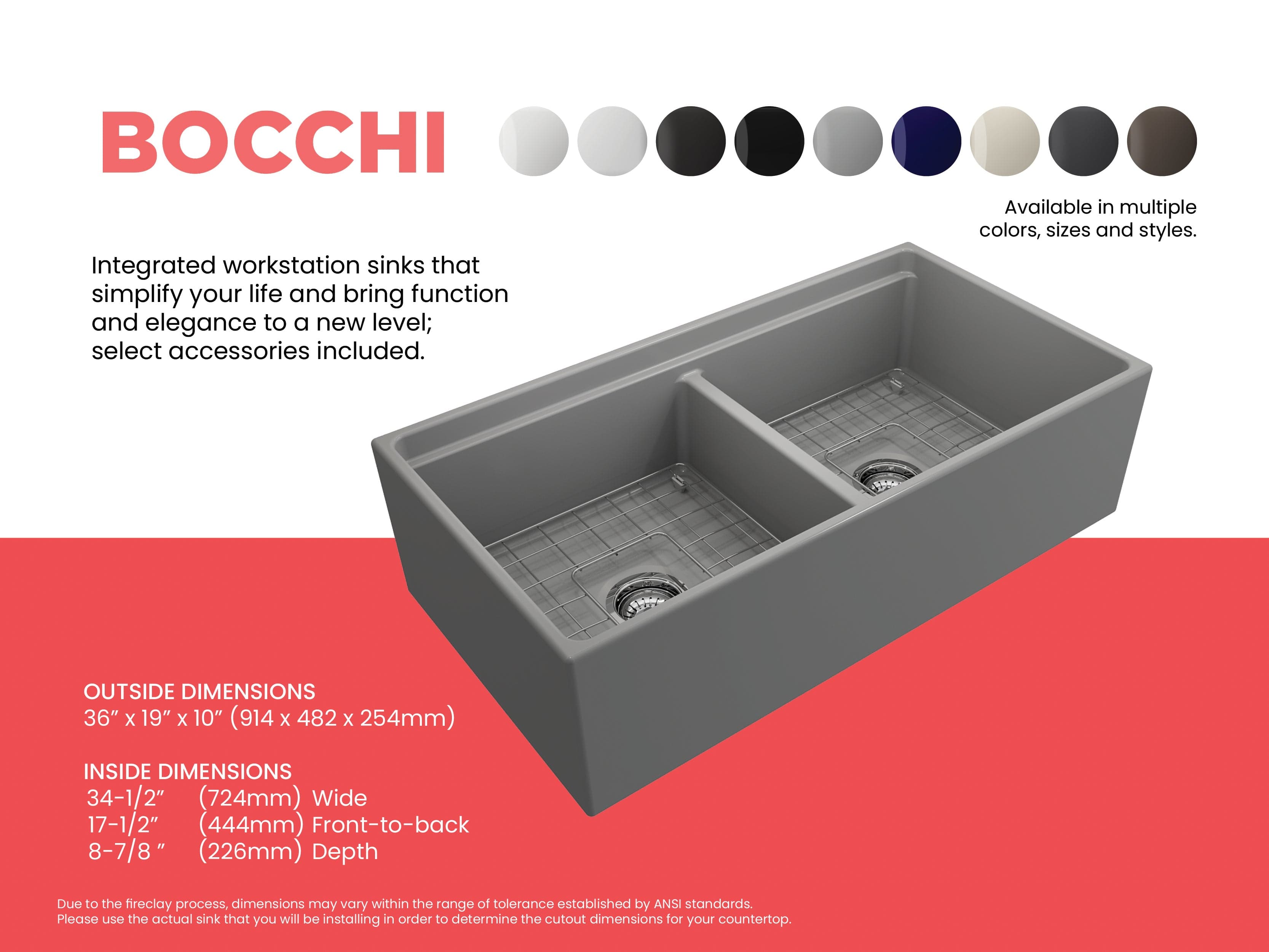 BOCCHI CONTEMPO 36" Step Rim Fireclay Farmhouse Double Bowl Kitchen Sink with Protective Bottom Grid and Strainer - Matte Gray