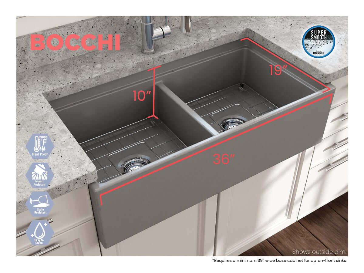 BOCCHI CONTEMPO 36" Step Rim Fireclay Farmhouse Double Bowl Kitchen Sink with Protective Bottom Grid and Strainer front view