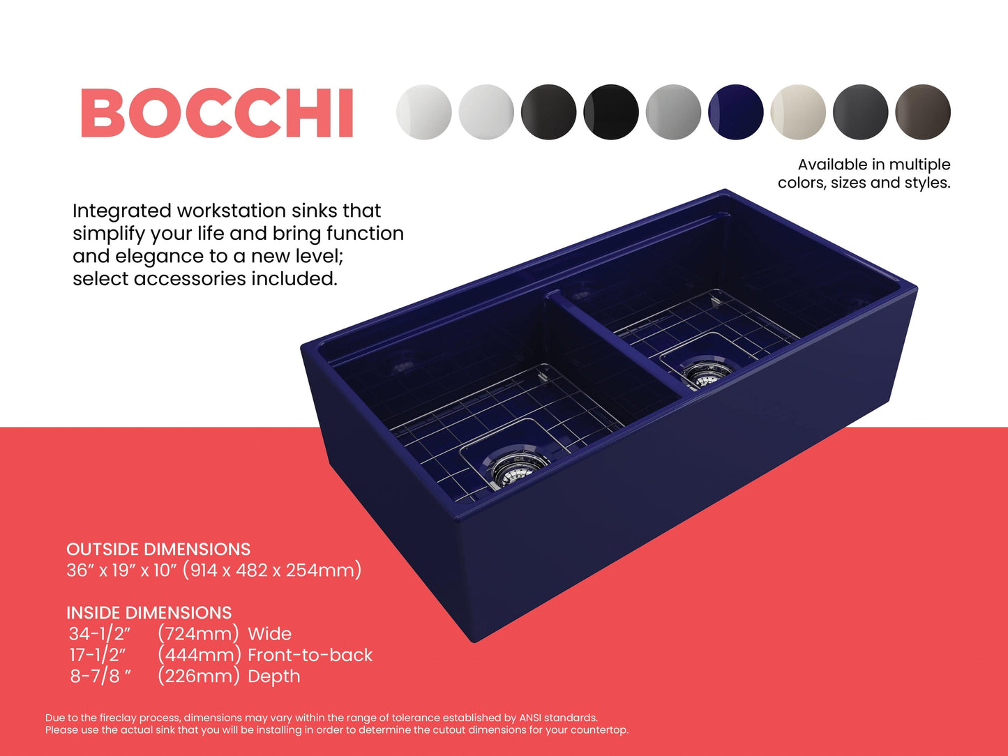 BOCCHI CONTEMPO 36" Step Rim Fireclay Farmhouse Double Bowl Kitchen Sink with Protective Bottom Grid and Strainer in navy finish, top view.