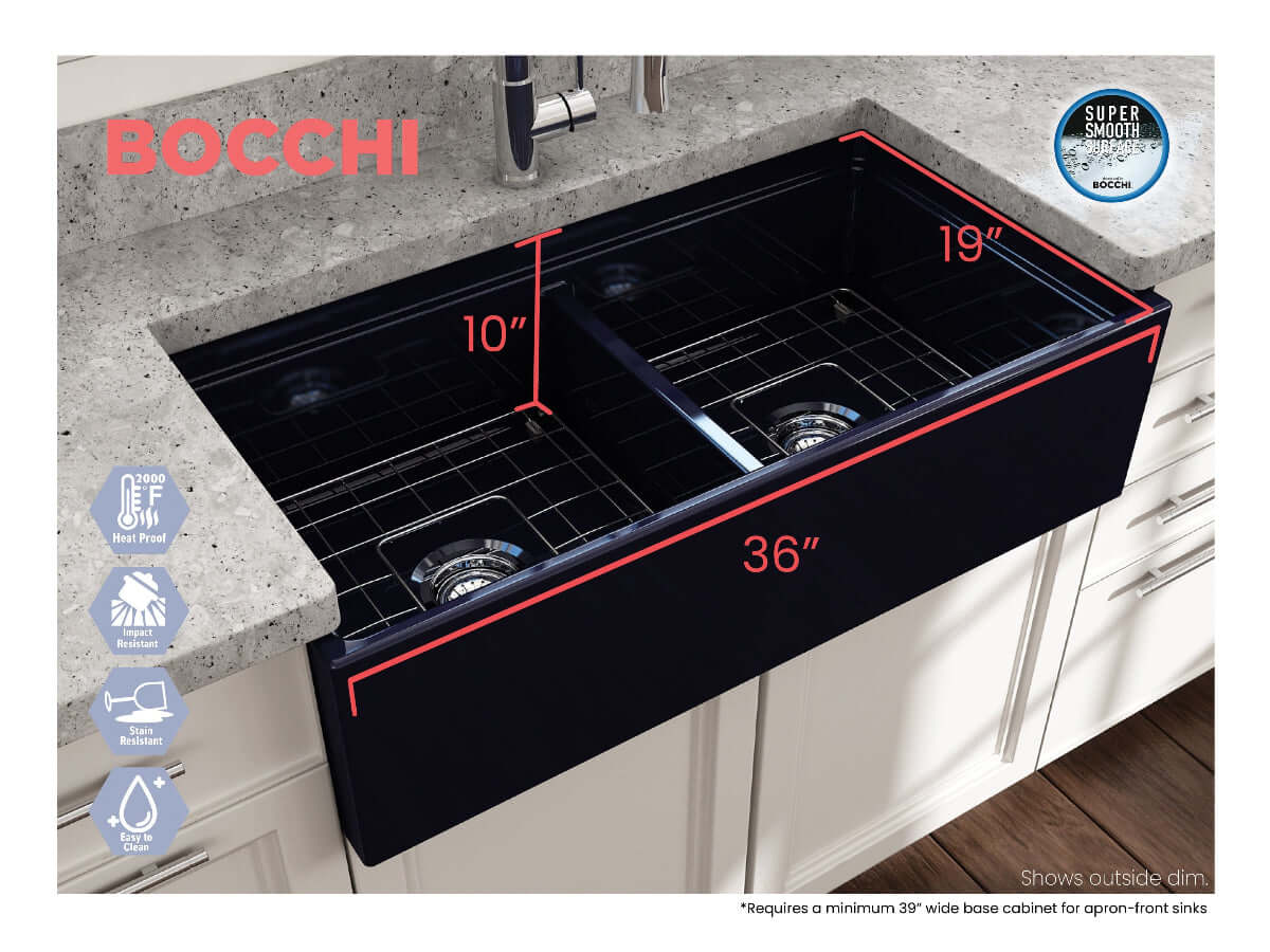 BOCCHI CONTEMPO 36" Step Rim Fireclay Farmhouse Double Bowl Kitchen Sink with Protective Bottom Grid and Strainer - top view layout