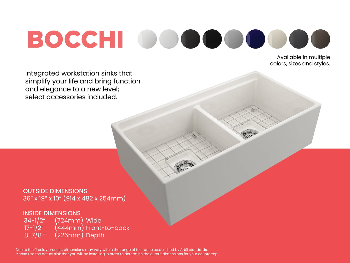 BOCCHI CONTEMPO 36" Step Rim Fireclay Farmhouse Double Bowl Kitchen Sink with Protective Bottom Grid and Strainer, white finish top view.