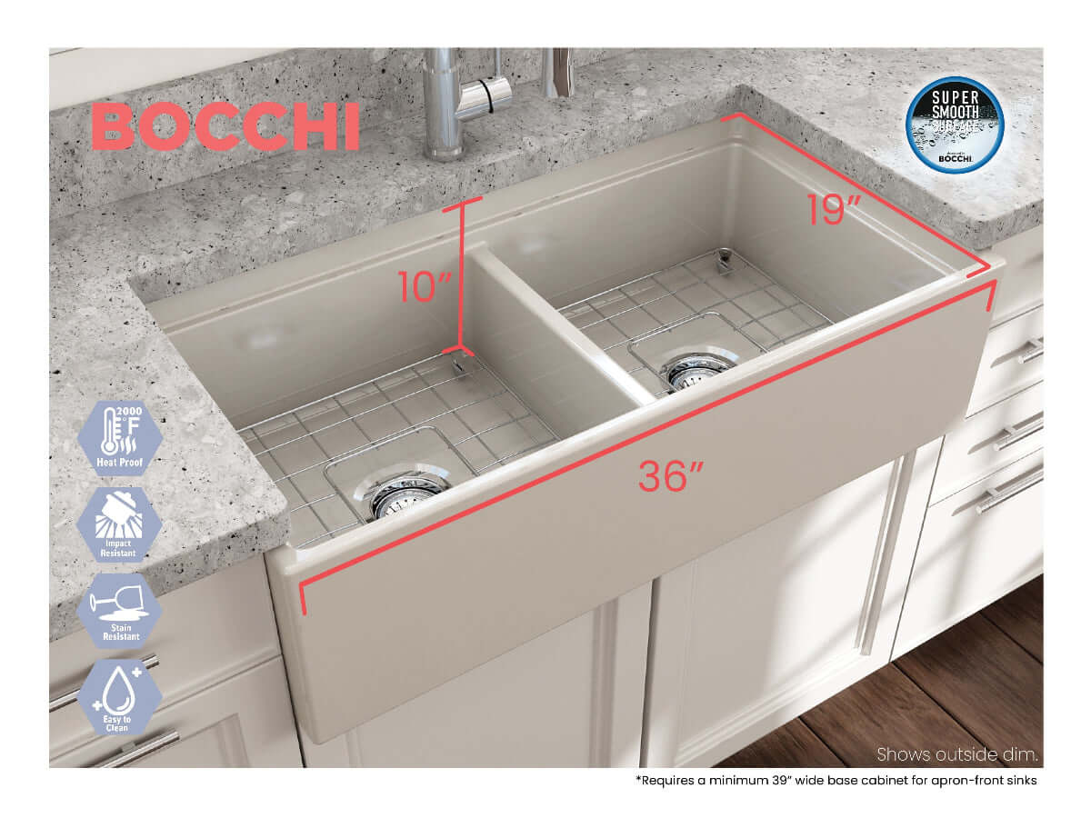 BOCCHI CONTEMPO 36" Step Rim Fireclay Farmhouse Double Bowl Kitchen Sink with Protective Bottom Grid and Strainer top view.