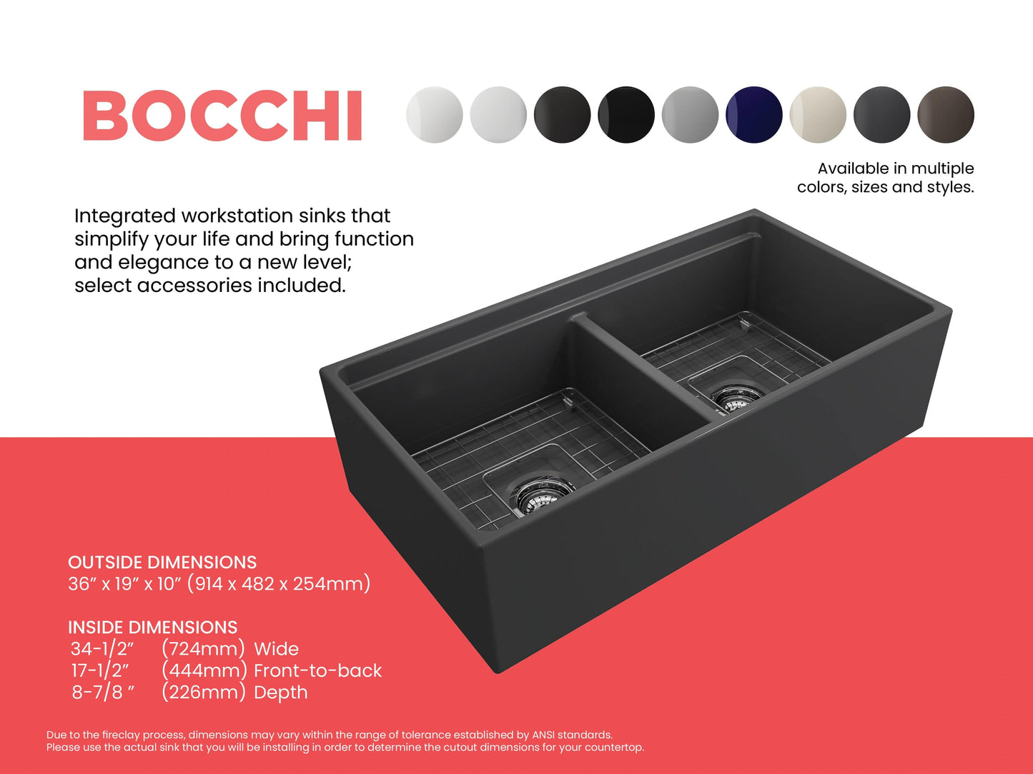 BOCCHI CONTEMPO 36" Step Rim Fireclay Farmhouse Double Bowl Kitchen Sink with Protective Bottom Grid, black finish, top right view.