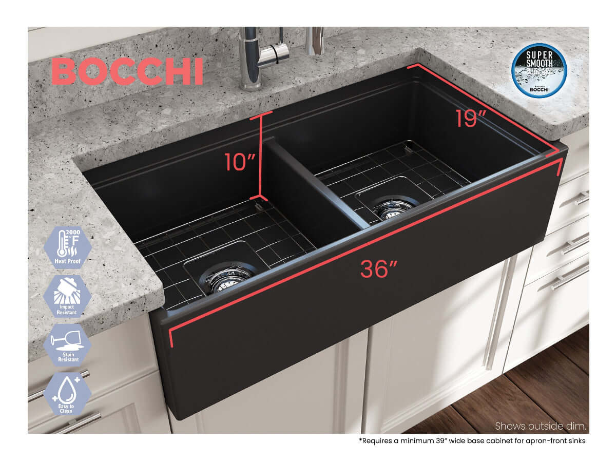 BOCCHI CONTEMPO 36" Step Rim Fireclay Farmhouse Double Bowl Kitchen Sink with Protective Bottom Grid and Strainer, black finish, top view.