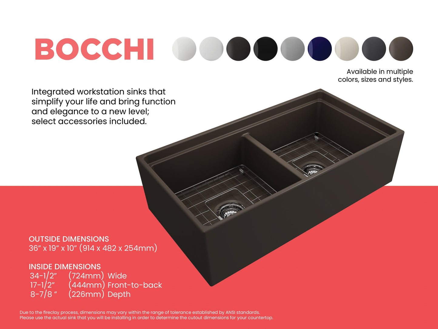BOCCHI CONTEMPO 36" Step Rim Fireclay Farmhouse Double Bowl Kitchen Sink with Protective Bottom Grid and Strainer in dark brown finish.