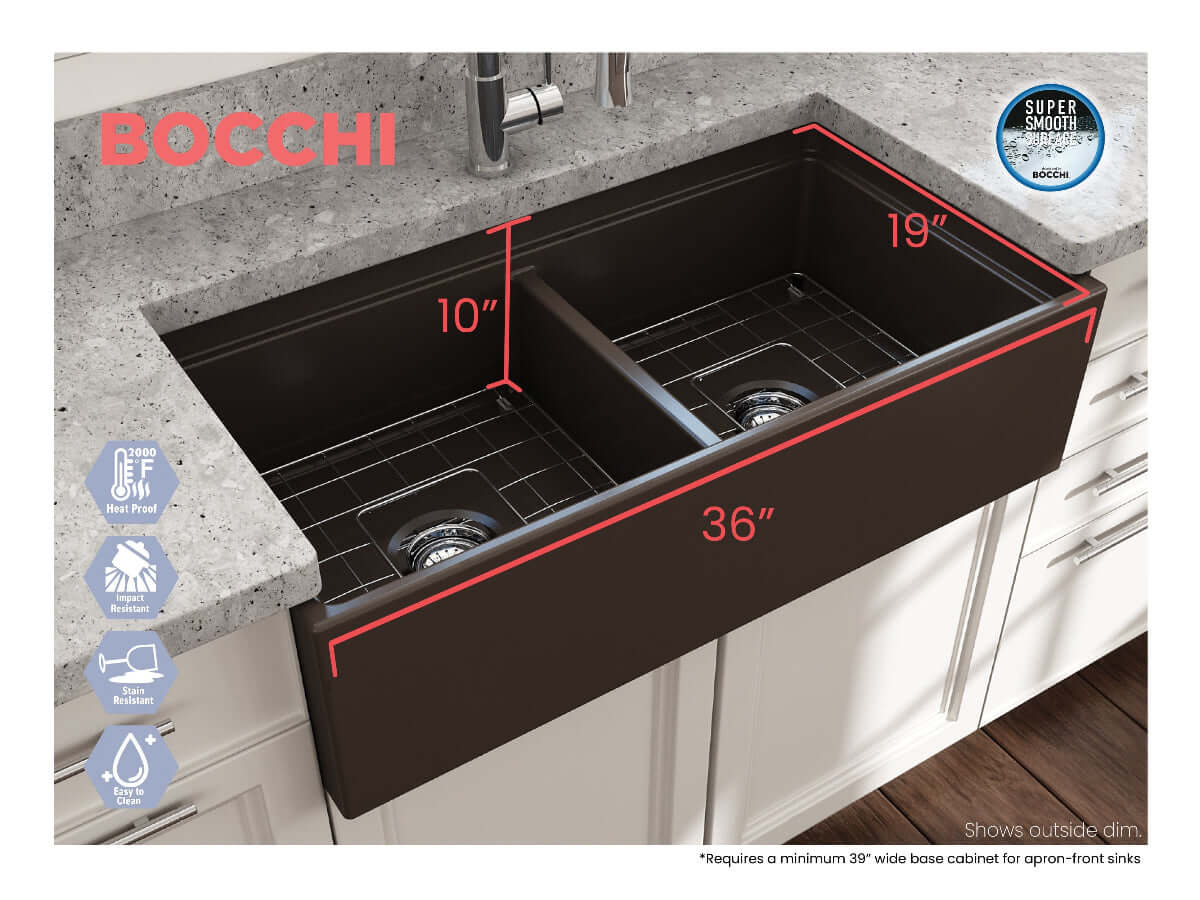 BOCCHI CONTEMPO 36" Step Rim Fireclay Farmhouse Double Bowl Kitchen Sink with Protective Bottom Grid and Strainer - top view.