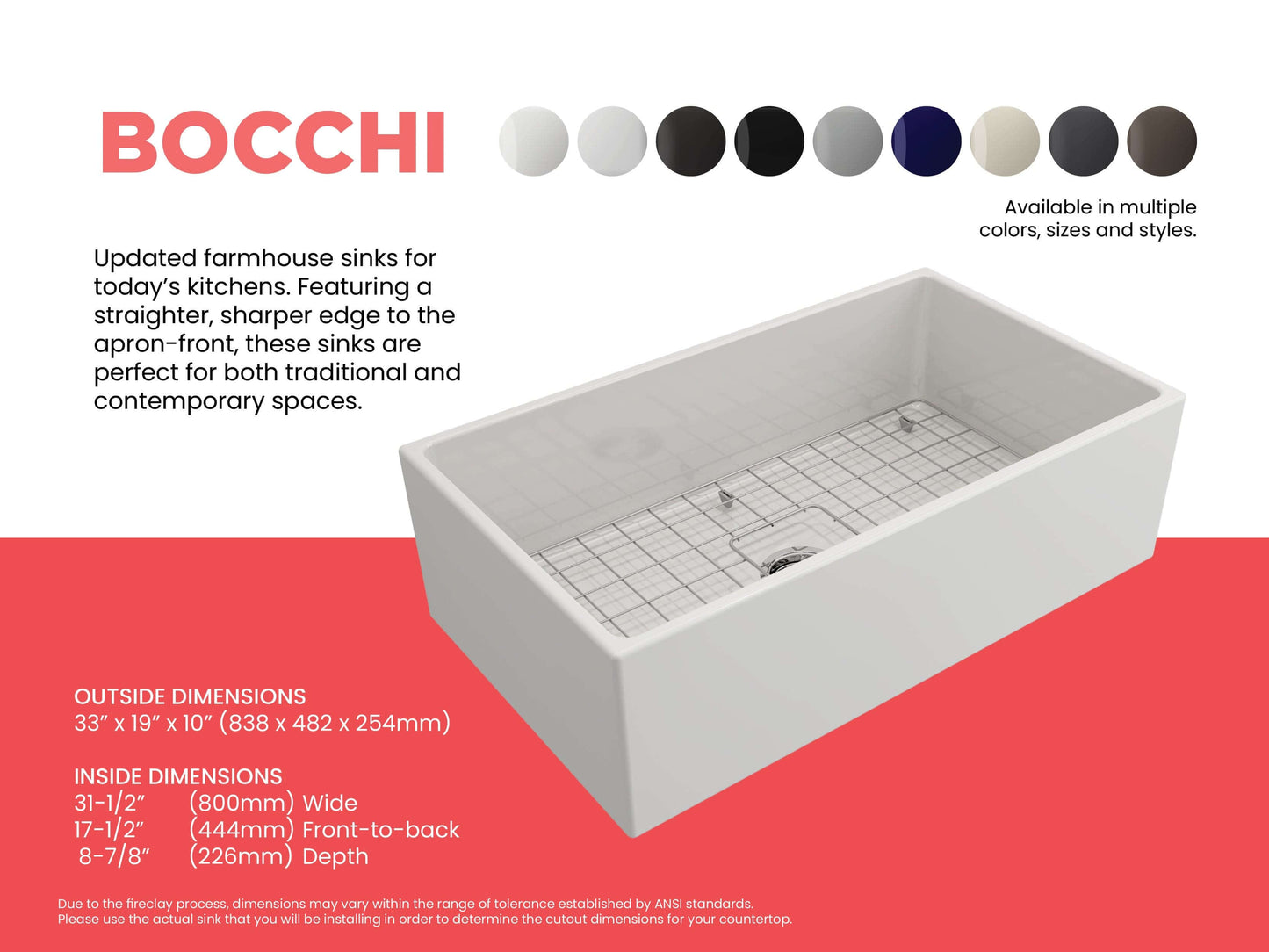 Feature sheet highlighting measurements and available colors for White Bocchi Contempo 33" Fireclay Farmhouse sink with center drain, bottom grid and strainer