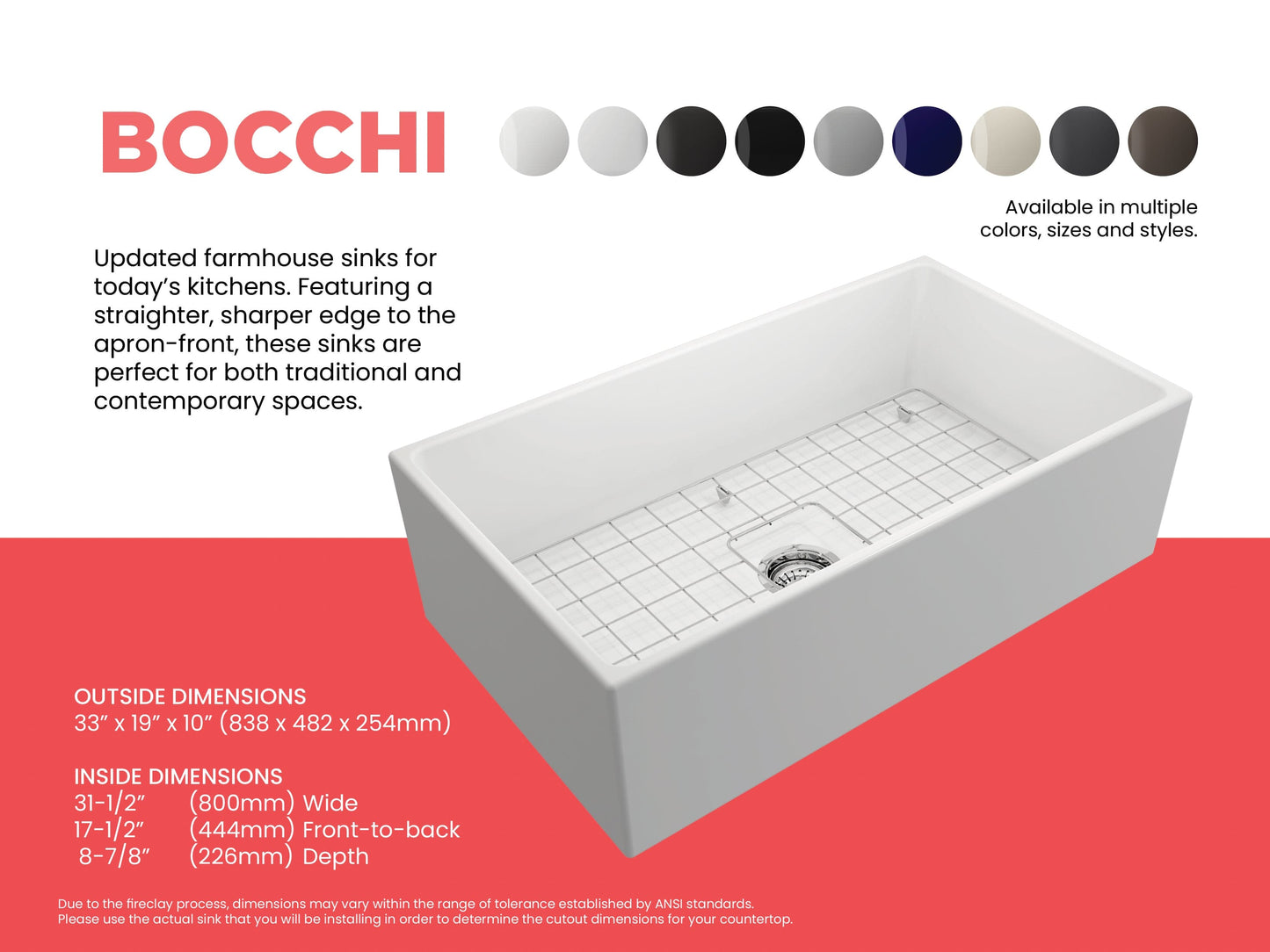 Feature sheet highlighting measurements and available colors for Matte White Bocchi Contempo 33" Fireclay Farmhouse sink with center drain, bottom grid and strainer