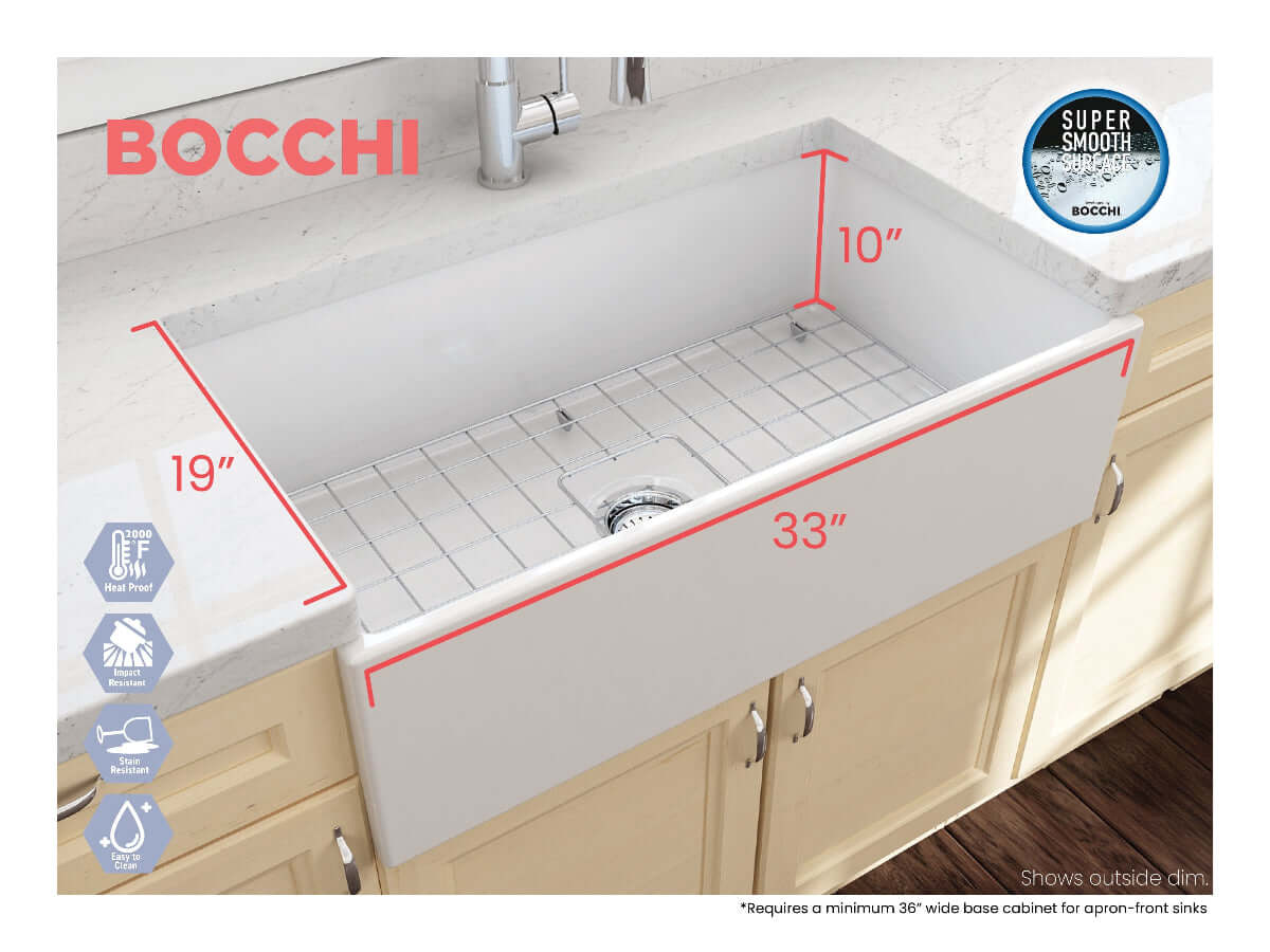Outside measurements for Bocchi Contempo 33" Fireclay Farmhouse Sink in Matte White with center drain and included bottom grid and strainer