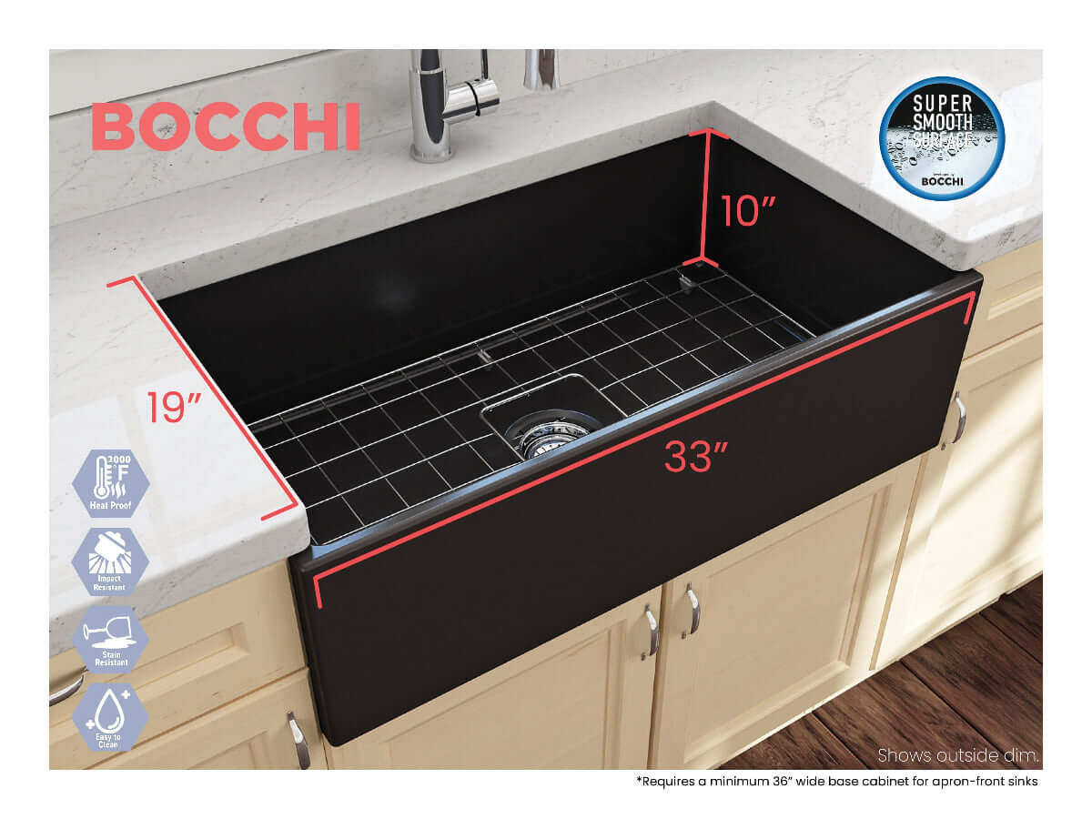 Outside measurements for Bocchi Contempo 33" Fireclay Farmhouse Sink in Matte Black with center drain and included bottom grid and strainer