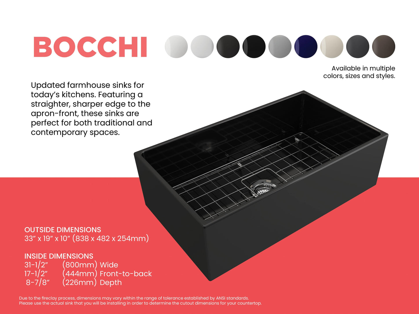 Feature sheet highlighting measurements and available colors for Black Bocchi Contempo 33" Fireclay Farmhouse sink with center drain, bottom grid and strainer