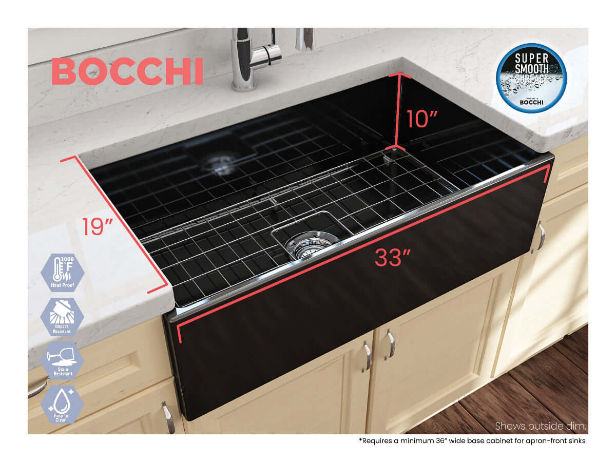 Outside measurements for Bocchi Contempo 33" Fireclay Farmhouse Sink in Black with center drain and included bottom grid and strainer