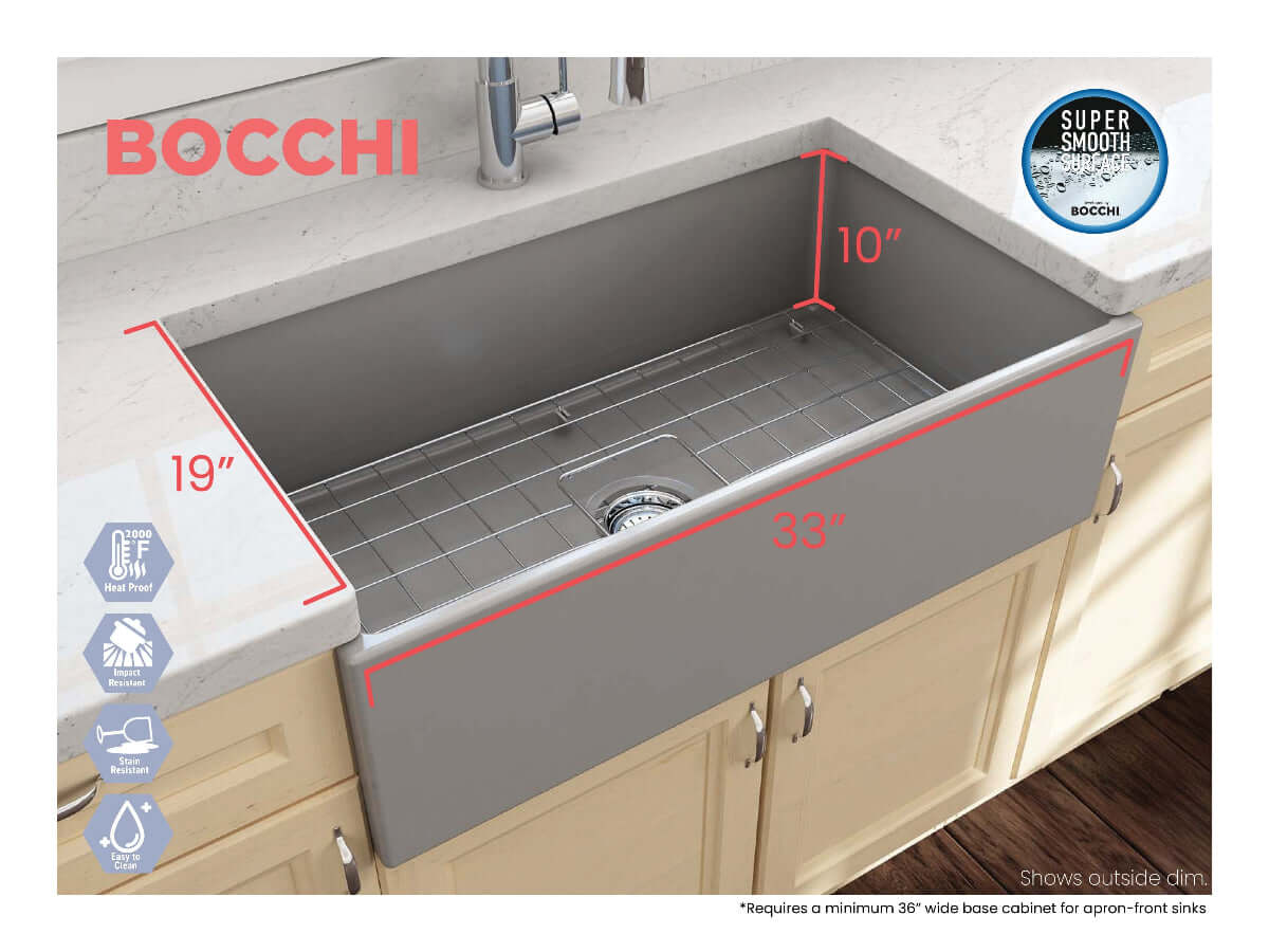 Outside measurements for Bocchi Contempo 33" Fireclay Farmhouse Sink in Matte Gray with center drain and included bottom grid and strainer