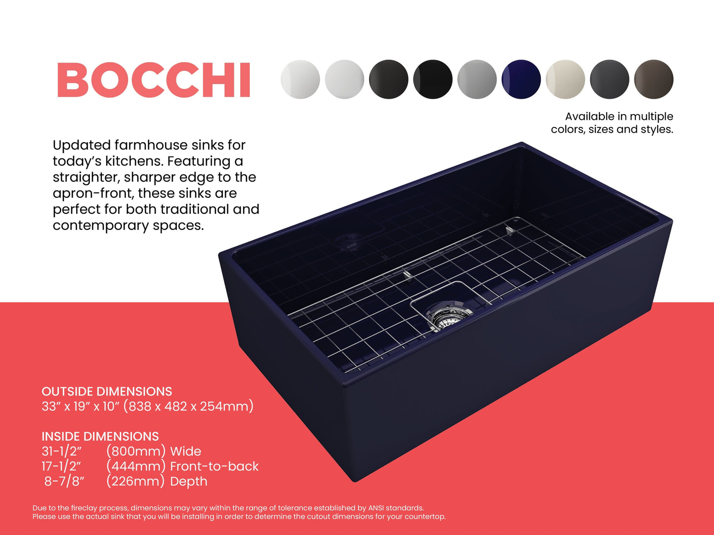 Feature sheet highlighting measurements and available colors for Sapphire Blue Bocchi Contempo 33" Fireclay Farmhouse sink with center drain, bottom grid and strainer