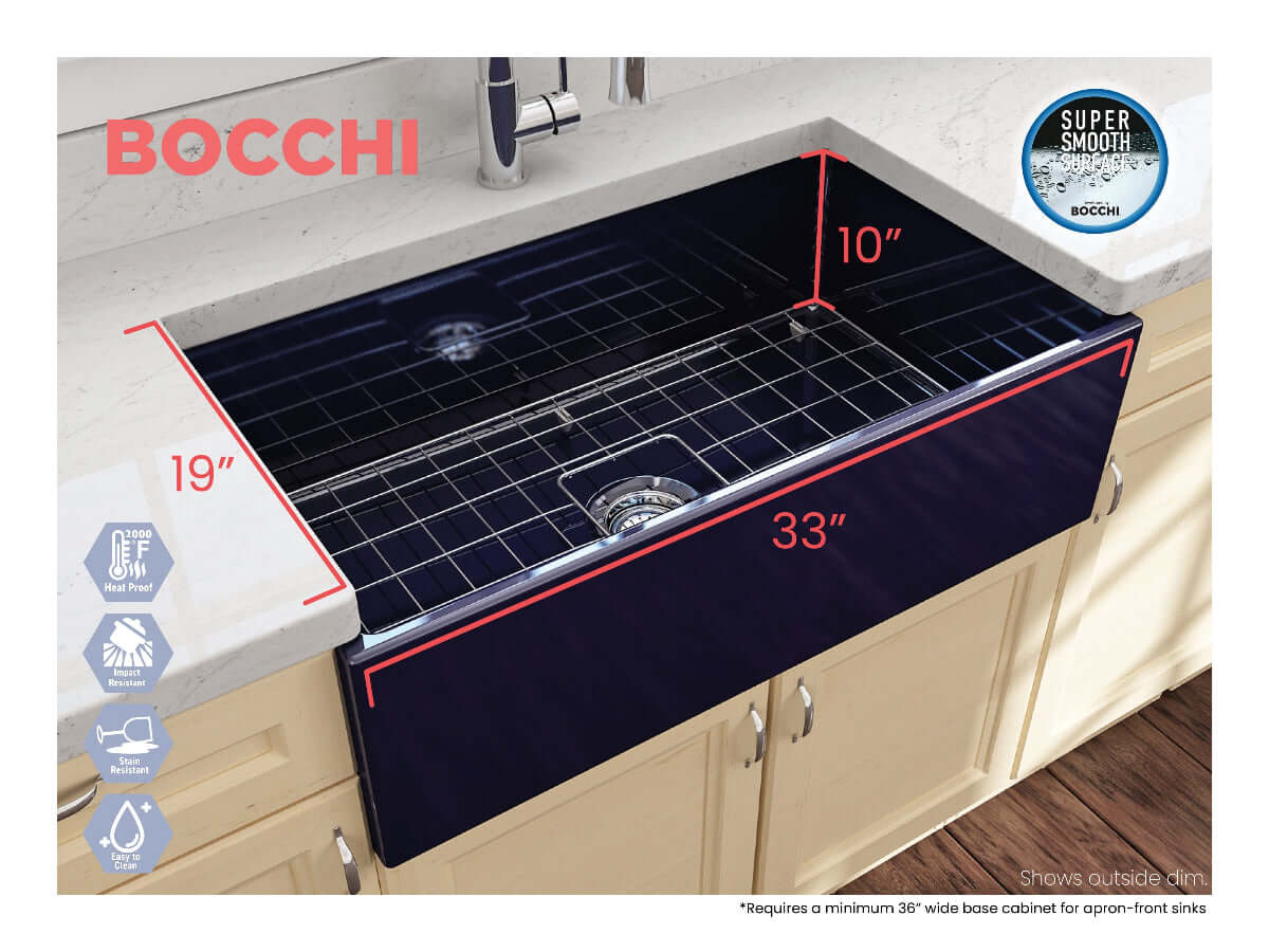 Outside measurements for Bocchi Contempo 33" Fireclay Farmhouse Sink in Sapphire Blue with center drain and included bottom grid and strainer
