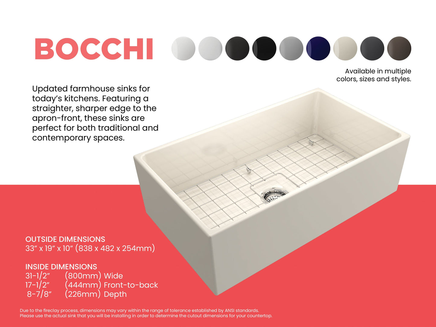Feature sheet highlighting measurements and available colors for Biscuit Bocchi Contempo 33" Fireclay Farmhouse sink with center drain, bottom grid and strainer