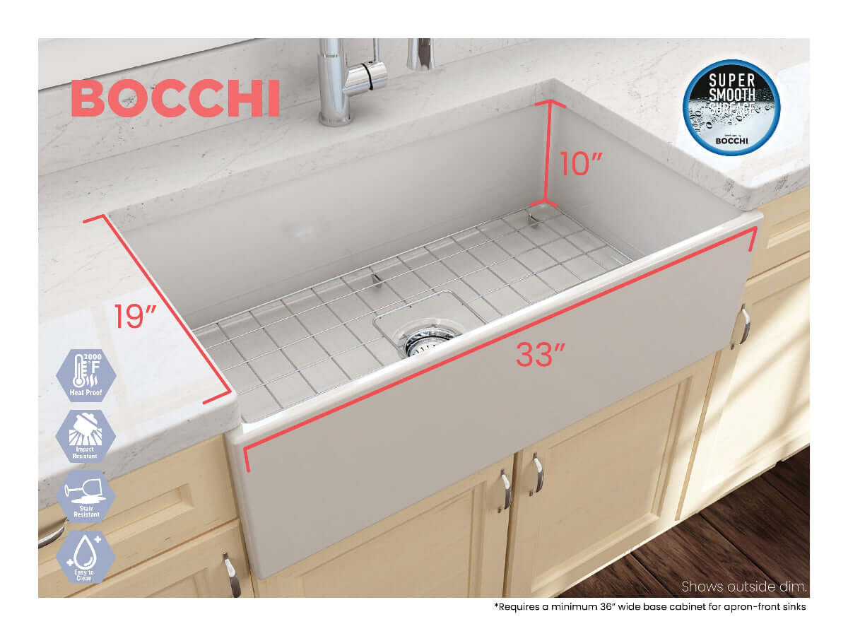 Outside measurements for Bocchi Contempo 33" Fireclay Farmhouse Sink in Biscuit with center drain and included bottom grid and strainer